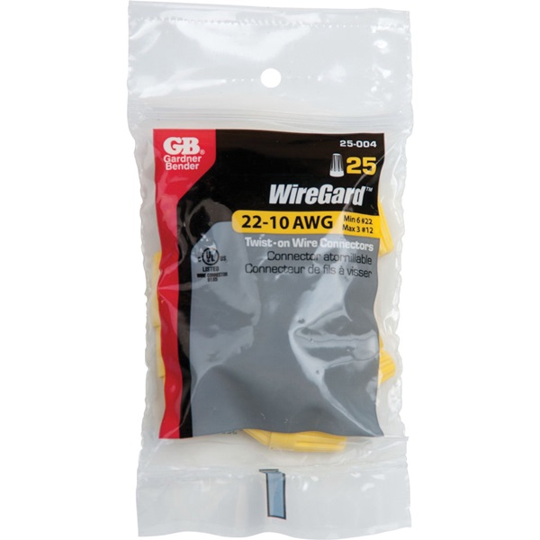 Gardner Bender WireGard GB-4 Series 25-004 Wire Connector, Yellow, 18 to 10 AWG Wire, Steel Contact, 25/BAG - 4