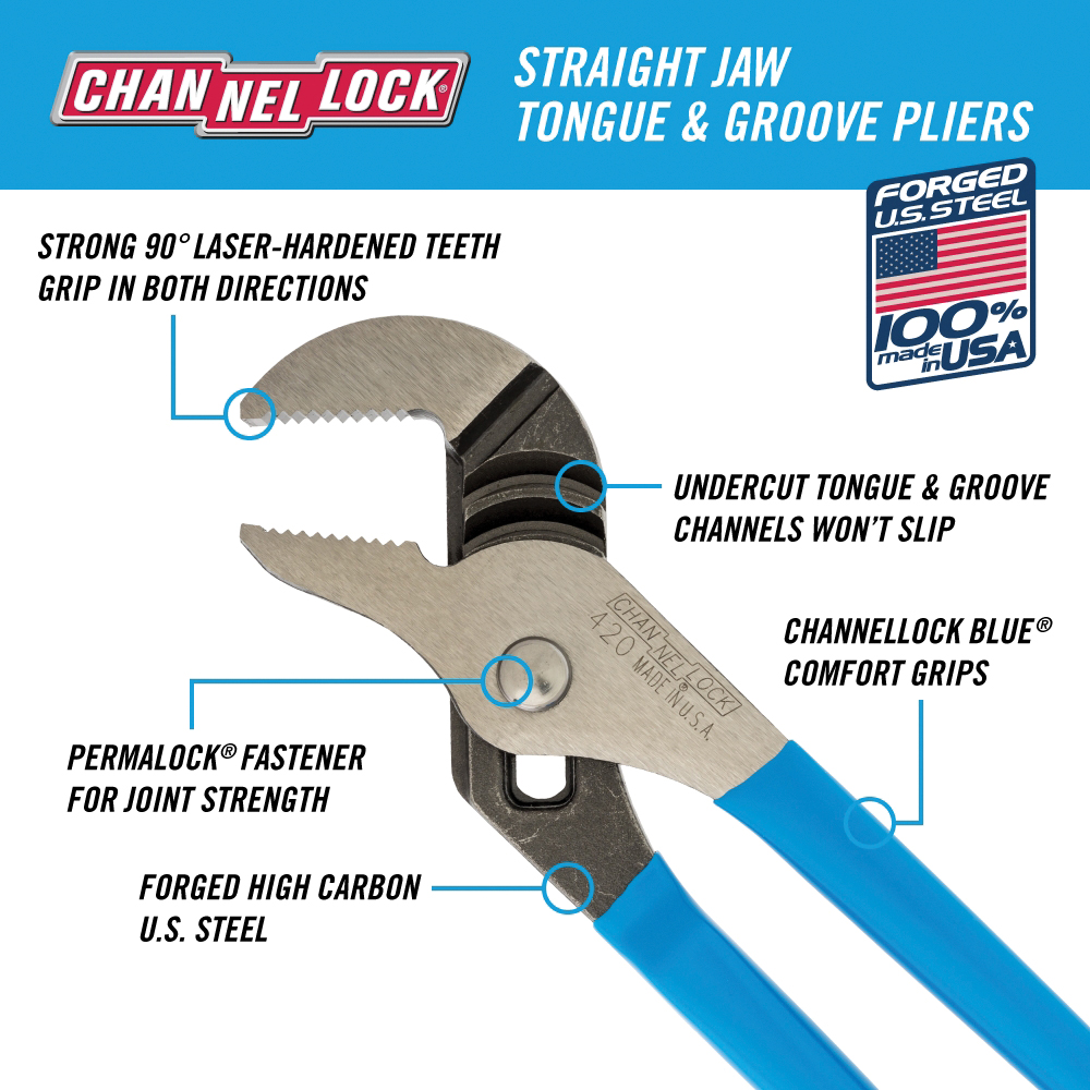 Channellock 420 Tongue and Groove Pliers, 9-1/2 in OAL, 1-1/2 in Jaw Opening, Blue Handle, Cushion Grip Handle - 2