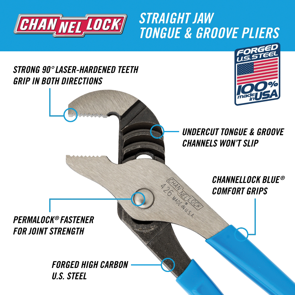 Channellock 426 Tongue and Groove Pliers, 6-1/2 in OAL, 0.87 in Jaw Opening, Blue Handle, Cushion Grip Handle - 2