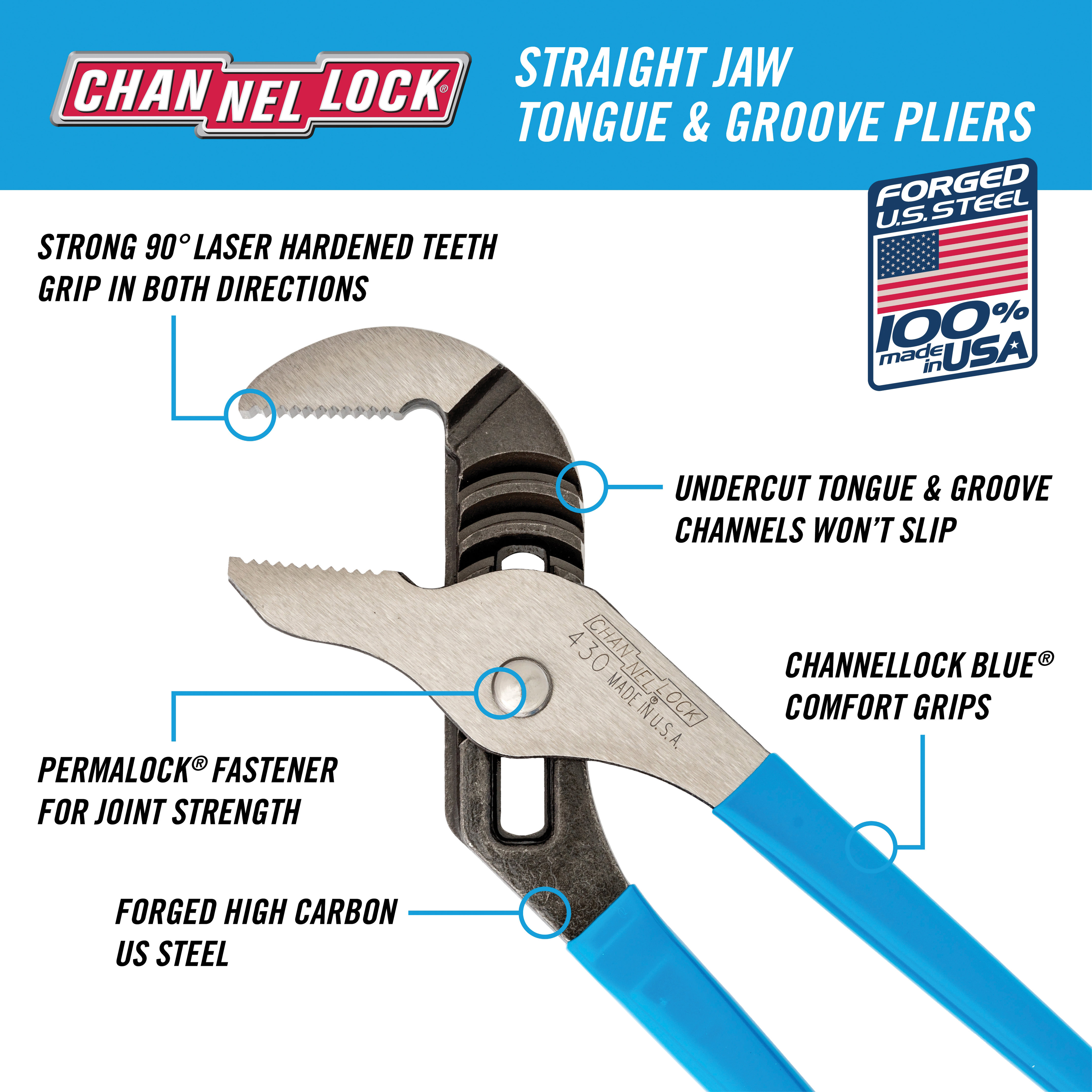 Channellock 430 Tongue and Groove Pliers, 10 in OAL, 2 in Jaw Opening, Blue Handle, Cushion Grip Handle, 1.38 in L Jaw - 2