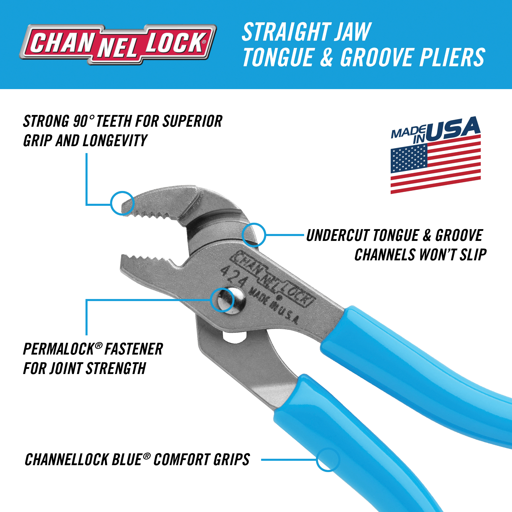 Channellock 424 Tongue and Groove Pliers, 4-1/2 in OAL, 1/2 in Jaw Opening, Blue Handle, Cushion Grip Handle - 2