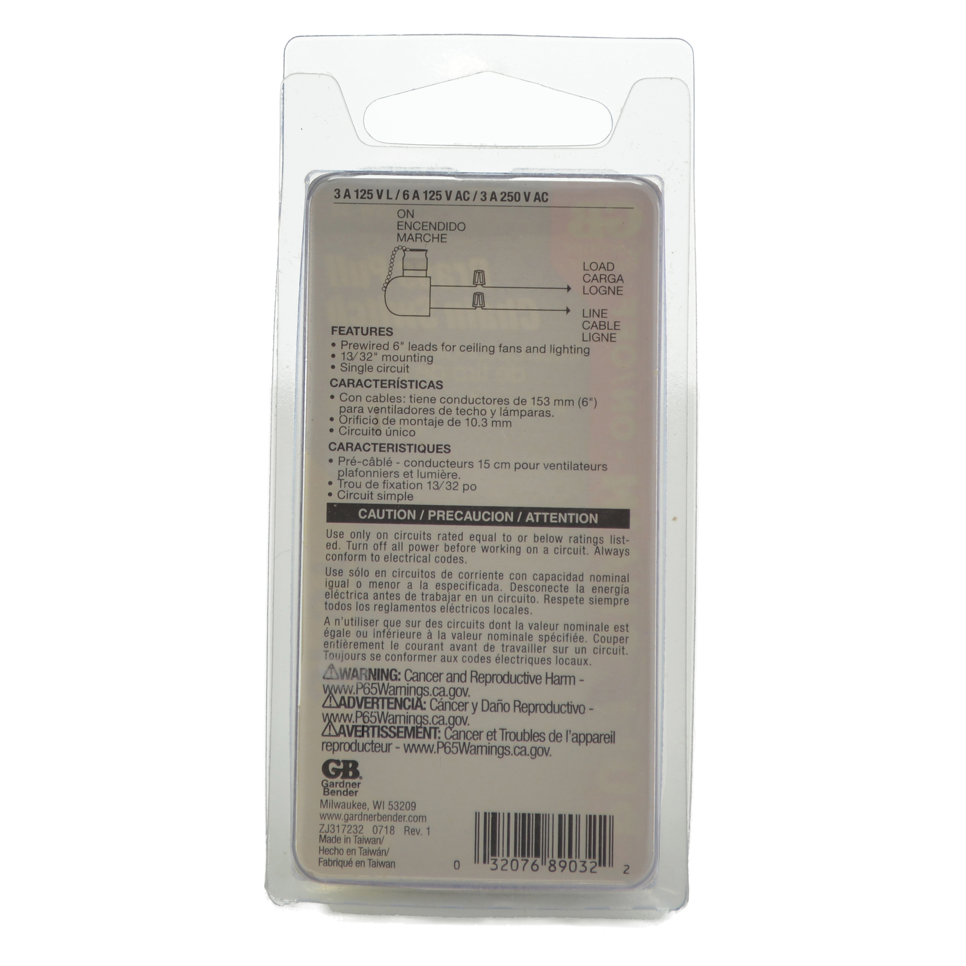 Gardner Bender GSW-32 Pull Chain Switch, 1-Pole, 125/250 VAC, 3 A, Brass - 3
