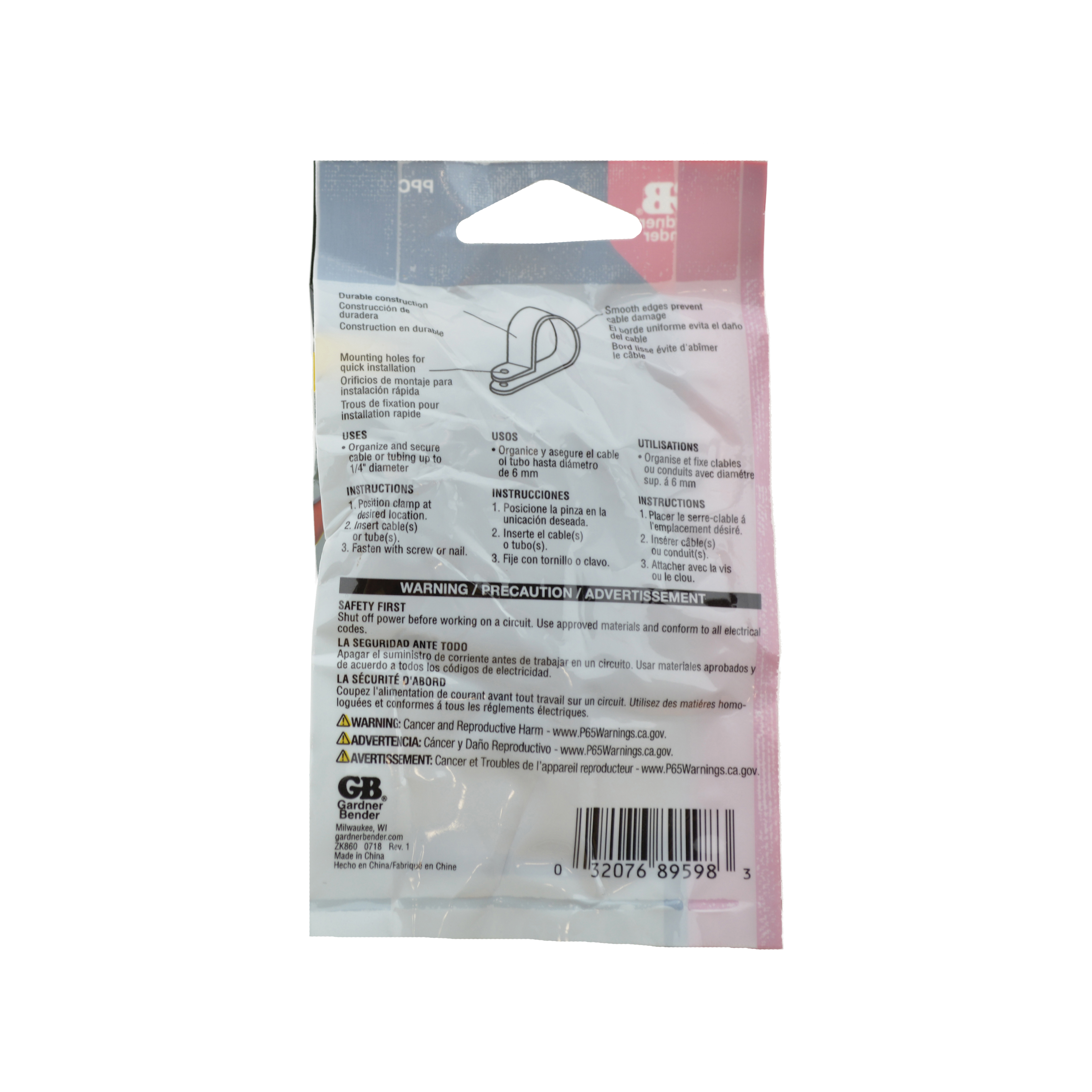 Gardner Bender PPC-1525UVB Cable Clamp, 1/4 in Max Bundle Dia, Plastic, Black - 3