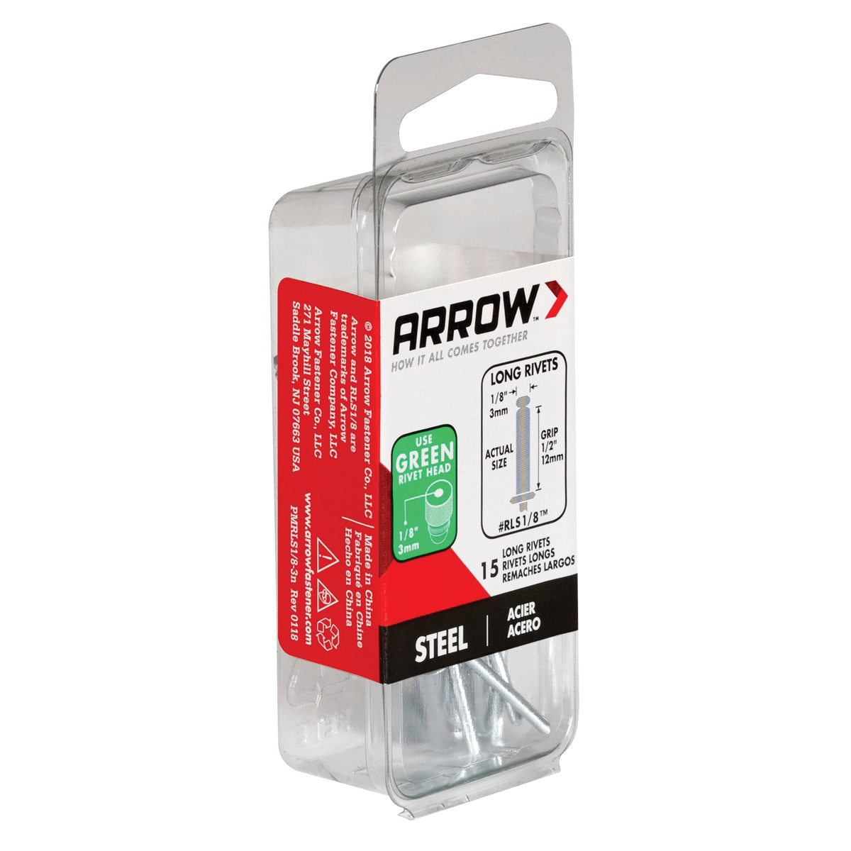 Arrow RLS1/8 Pop Rivet, Long, 1/2 in Grip, 1/2 in L, Steel, 15/PK - 3