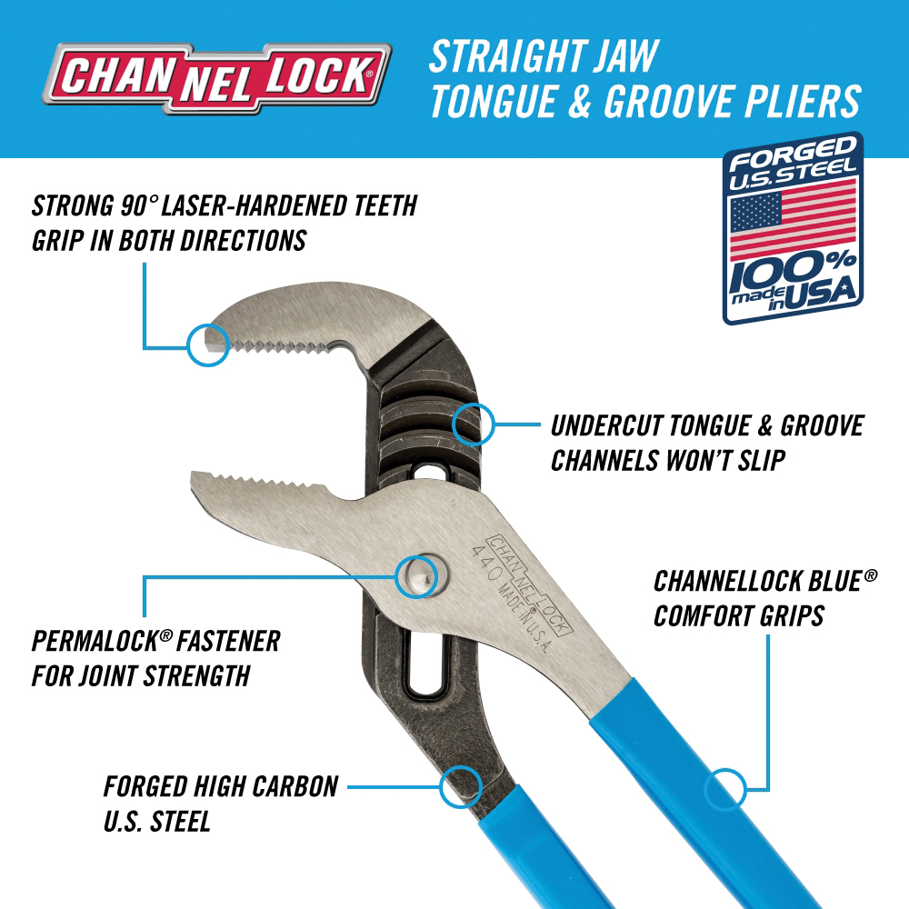 Channellock 440 Tongue and Groove Pliers, 12 in OAL, 2-1/4 in Jaw Opening, Blue Handle, Cushion Grip Handle - 2
