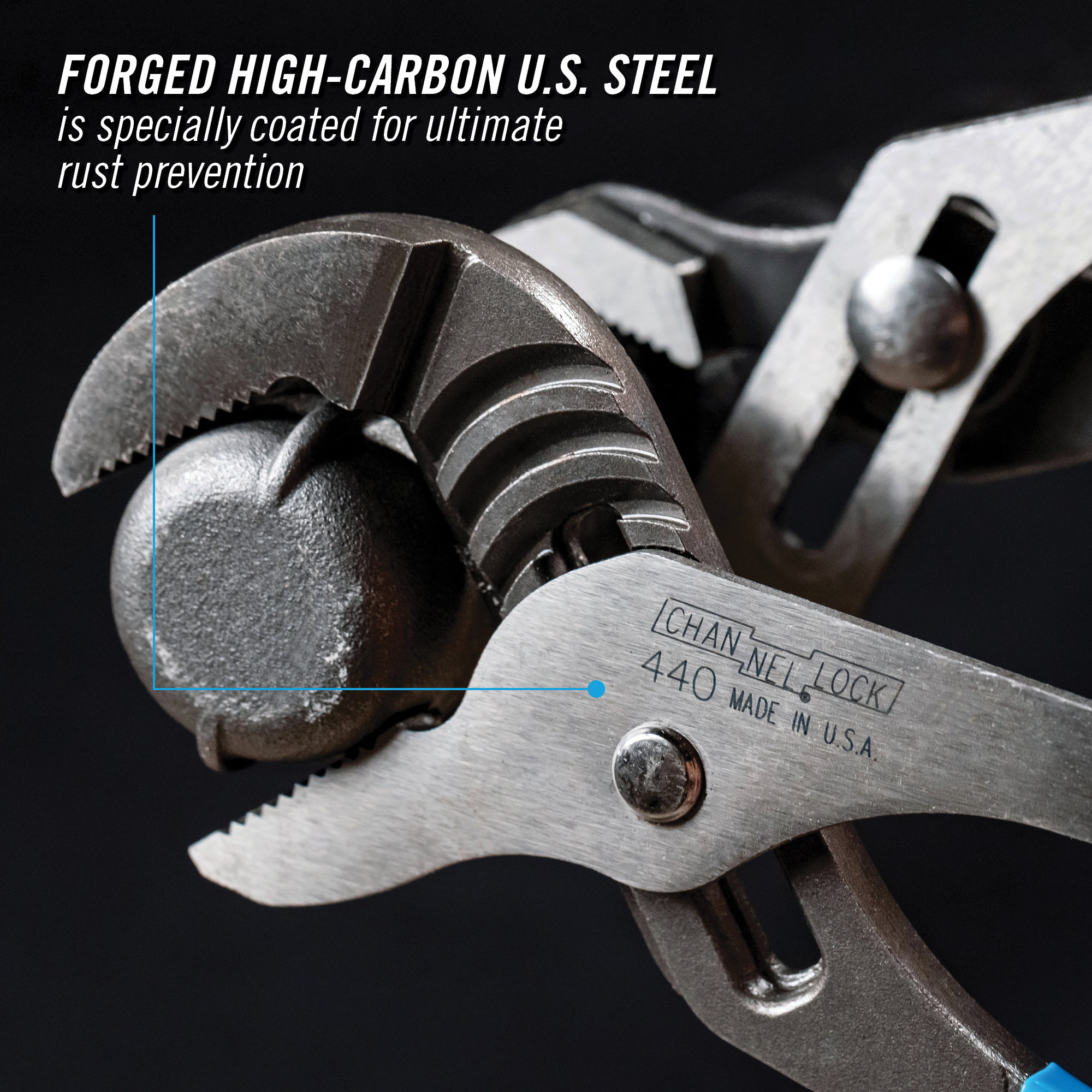 Channellock 440 Tongue and Groove Pliers, 12 in OAL, 2-1/4 in Jaw Opening, Blue Handle, Cushion Grip Handle - 4