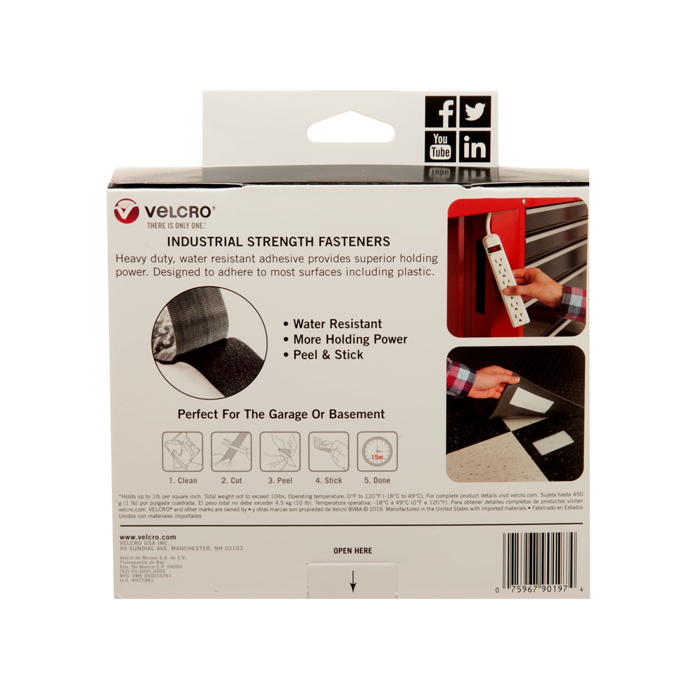 VELCRO Brand 90197 Hook and Loop Fastener, 2 in W, 15 ft L, Nylon, Black, 10 lb, Rubber Adhesive - 2