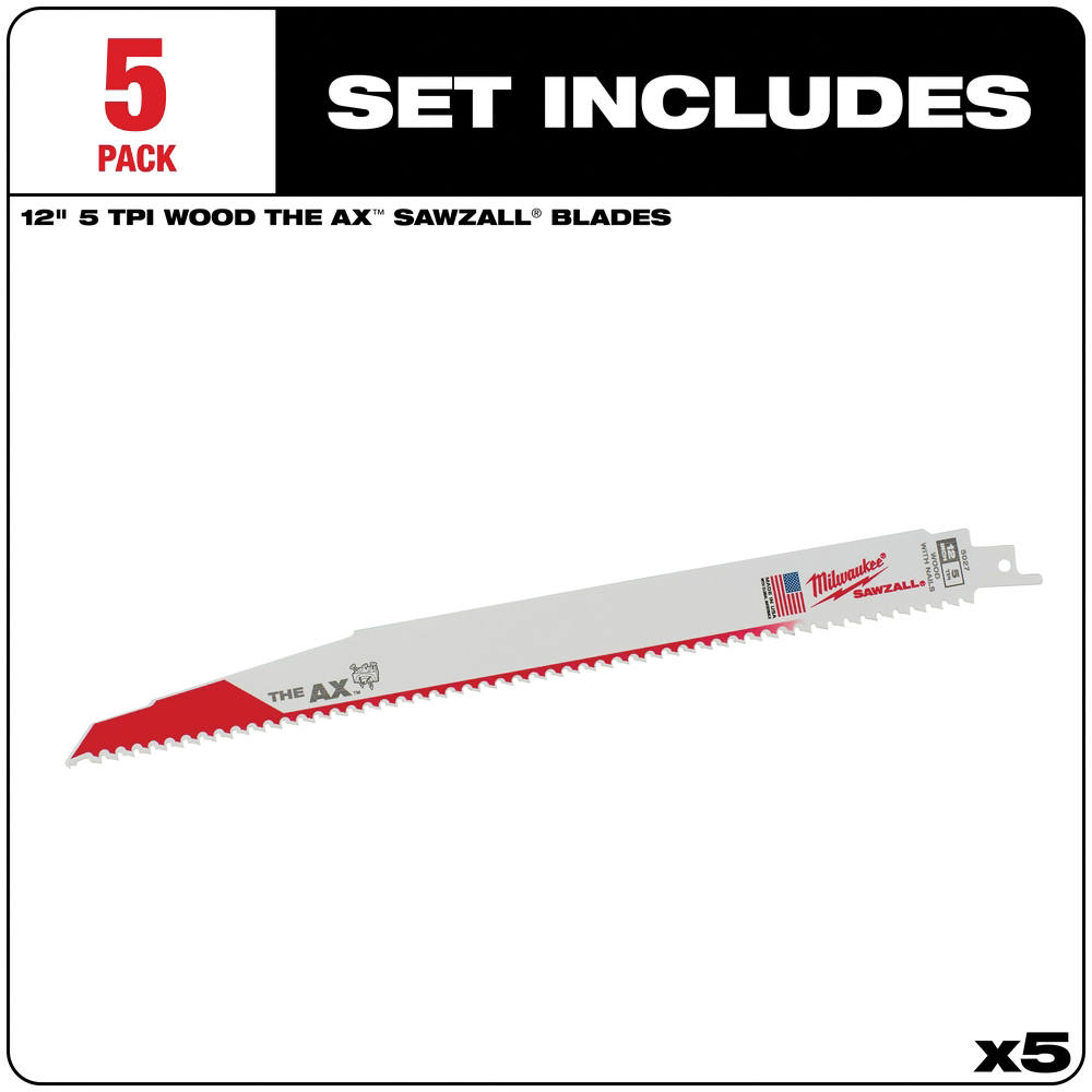 Milwaukee 48-00-5027 Reciprocating Saw Blade, Applicable Materials: Nail-Embedded Wood, 1 in W, 12 in L, 5 TPI - 2