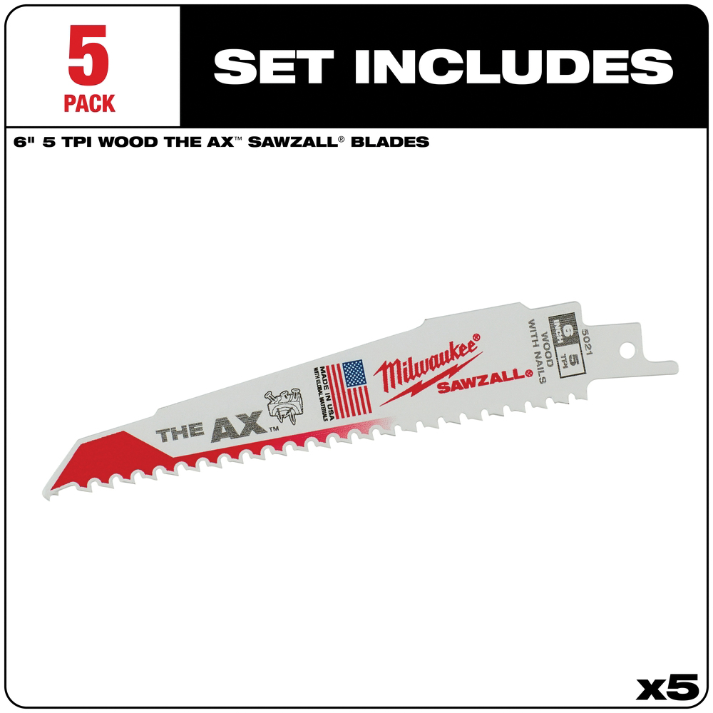 Milwaukee THE AX SAWZALL 48-00-5021 Reciprocating Saw Blade, 1 in W, 6 in L, 5 TPI, Bi-Metal Cutting Edge - 2