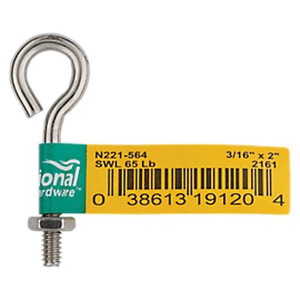 National Hardware N221-564 Eye Bolt, #10-24 Thread, Coarse Thread, 1-1/4 in L Thread, 0.28 in ID Dia Eye - 2