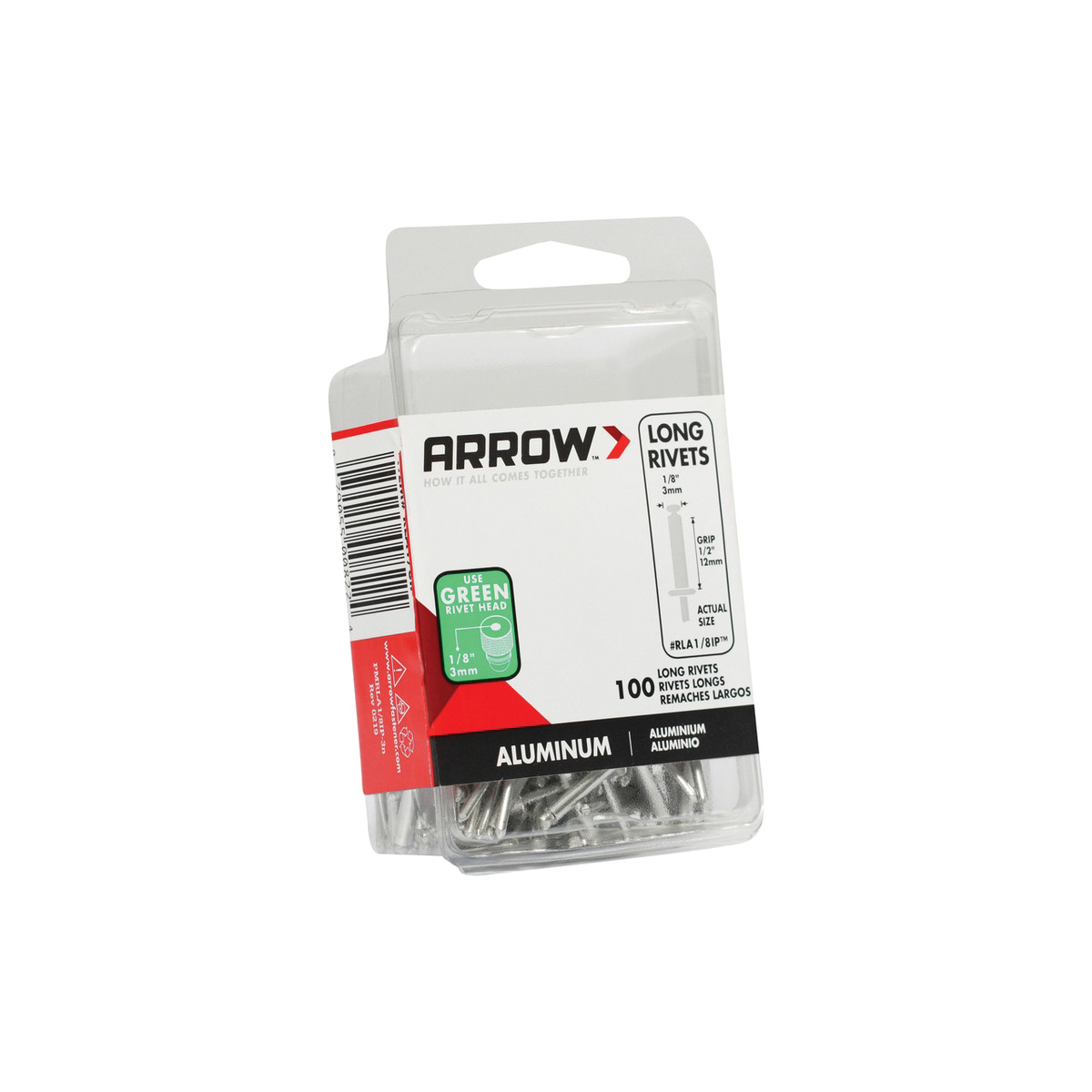 Arrow RLA1/8IP Pop Rivet, Long, 1/2 in Grip, 1/2 in L, Aluminum, 100/PK - 3