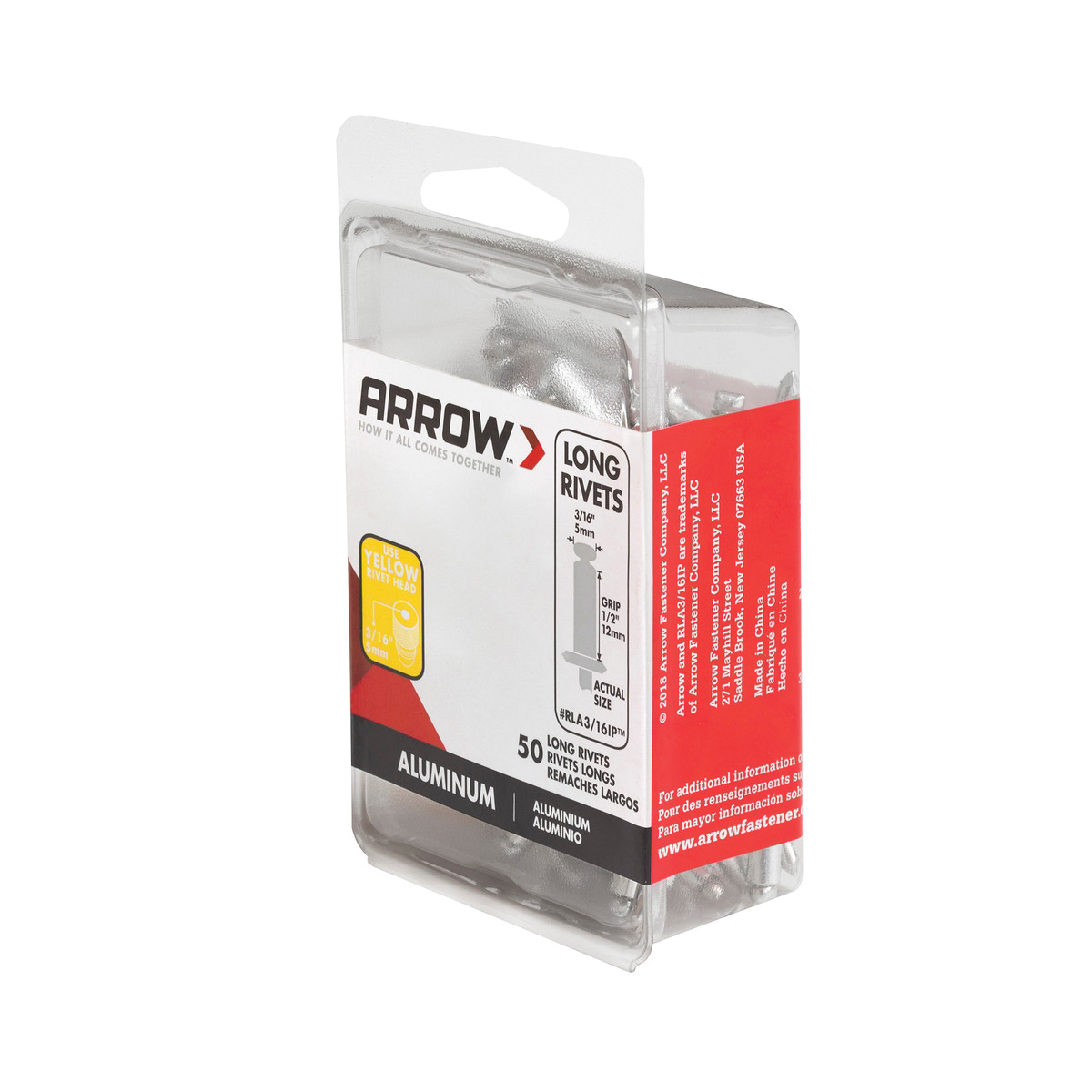 Arrow RLA3/16IP Pop Rivet, Long, 1/2 in Grip, 1/2 in L, Aluminum, 50/PK - 3