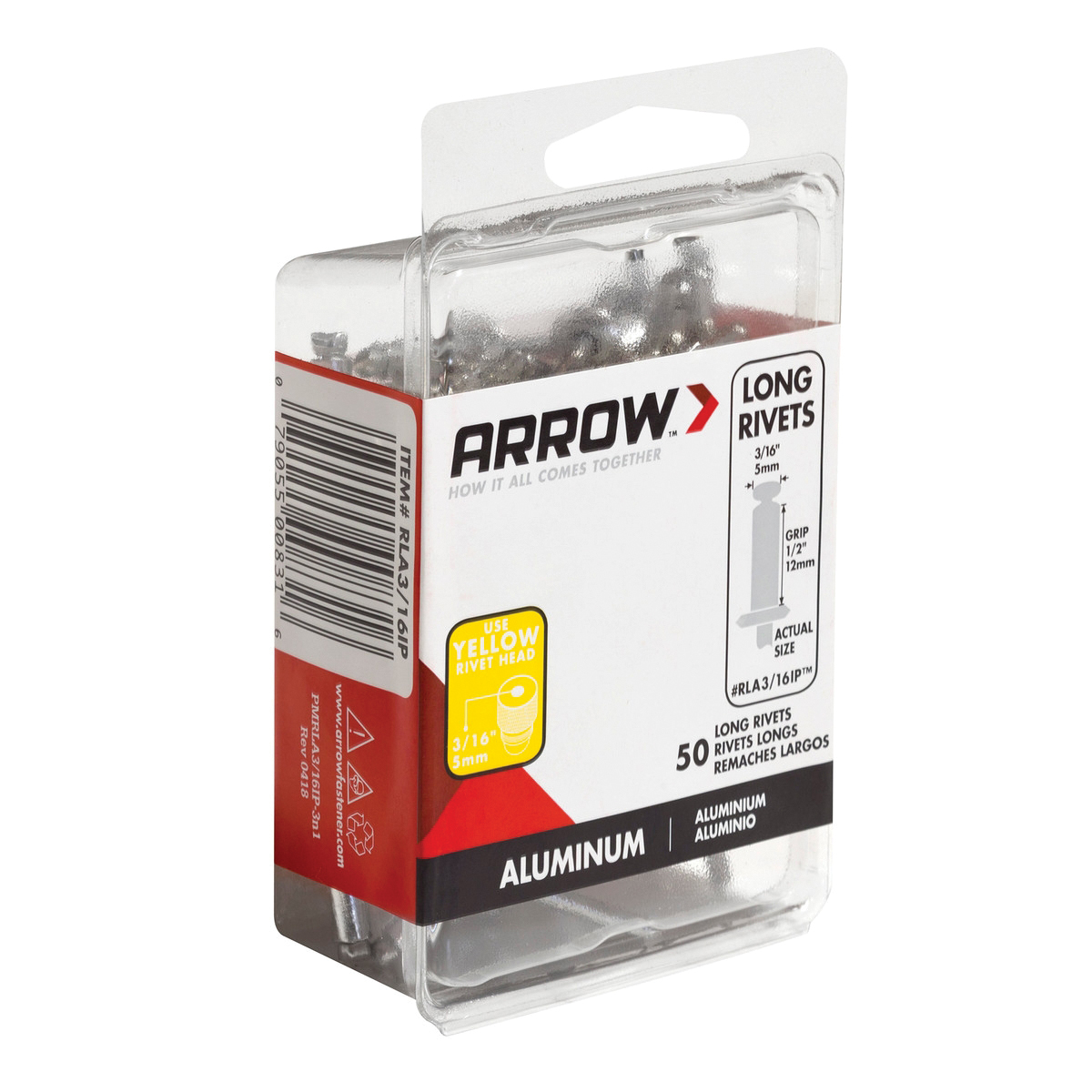 Arrow RLA3/16IP Pop Rivet, Long, 1/2 in Grip, 1/2 in L, Aluminum, 50/PK - 4