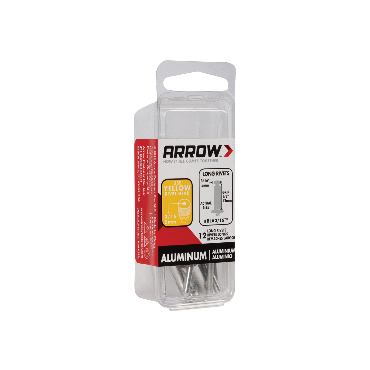 Arrow RLA3/16 Pop Rivet, Long, 1/2 in Grip, 1/2 in L, Aluminum, Silver, 12/PK - 4