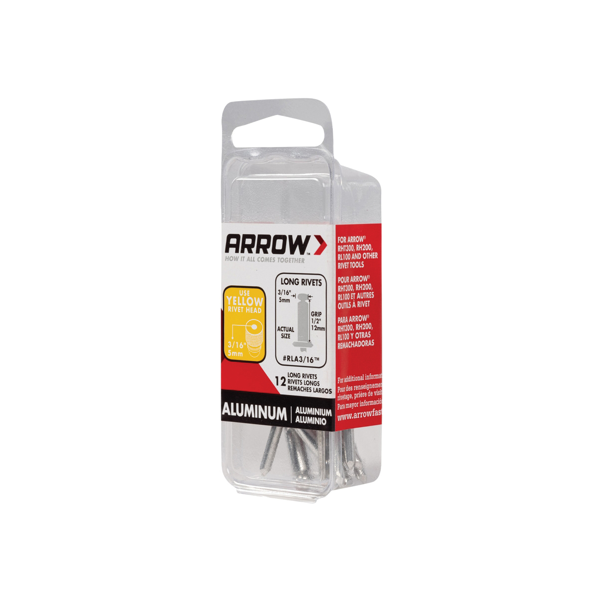 Arrow RLA3/16 Pop Rivet, Long, 1/2 in Grip, 1/2 in L, Aluminum, Silver, 12/PK - 5