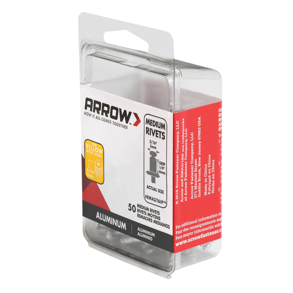 Arrow RMA3/16IP Pop Rivet, Medium, 1/4 in Grip, 1/4 in L, Aluminum, Gray, 50/PK - 2