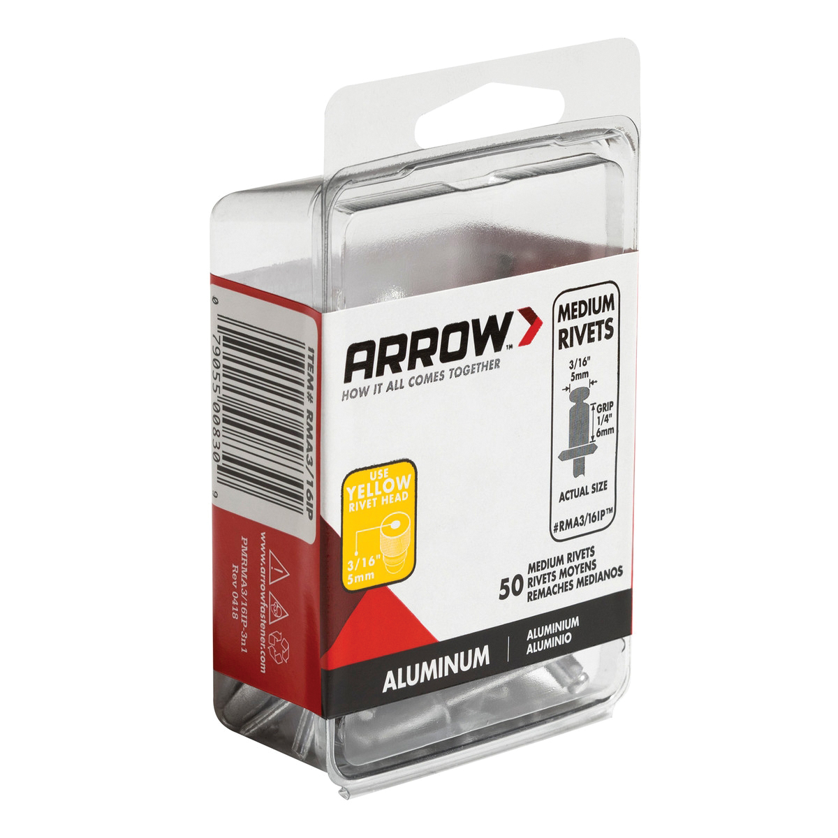 Arrow RMA3/16IP Pop Rivet, Medium, 1/4 in Grip, 1/4 in L, Aluminum, Gray, 50/PK - 3