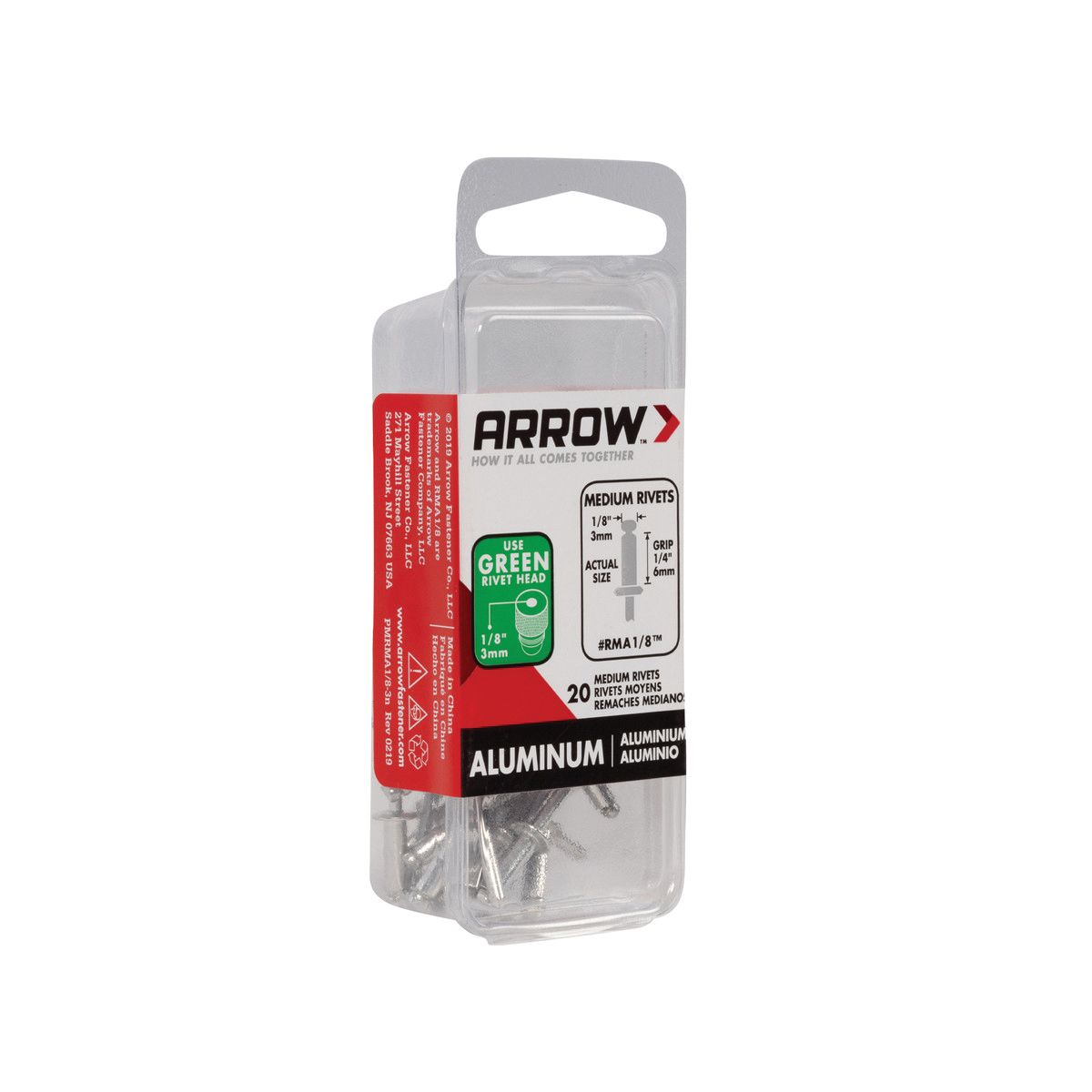 Arrow RMA1/8 Pop Rivet, Medium, 1/4 in Grip, 1/4 in L, Aluminum, Silver, 20/PK - 4