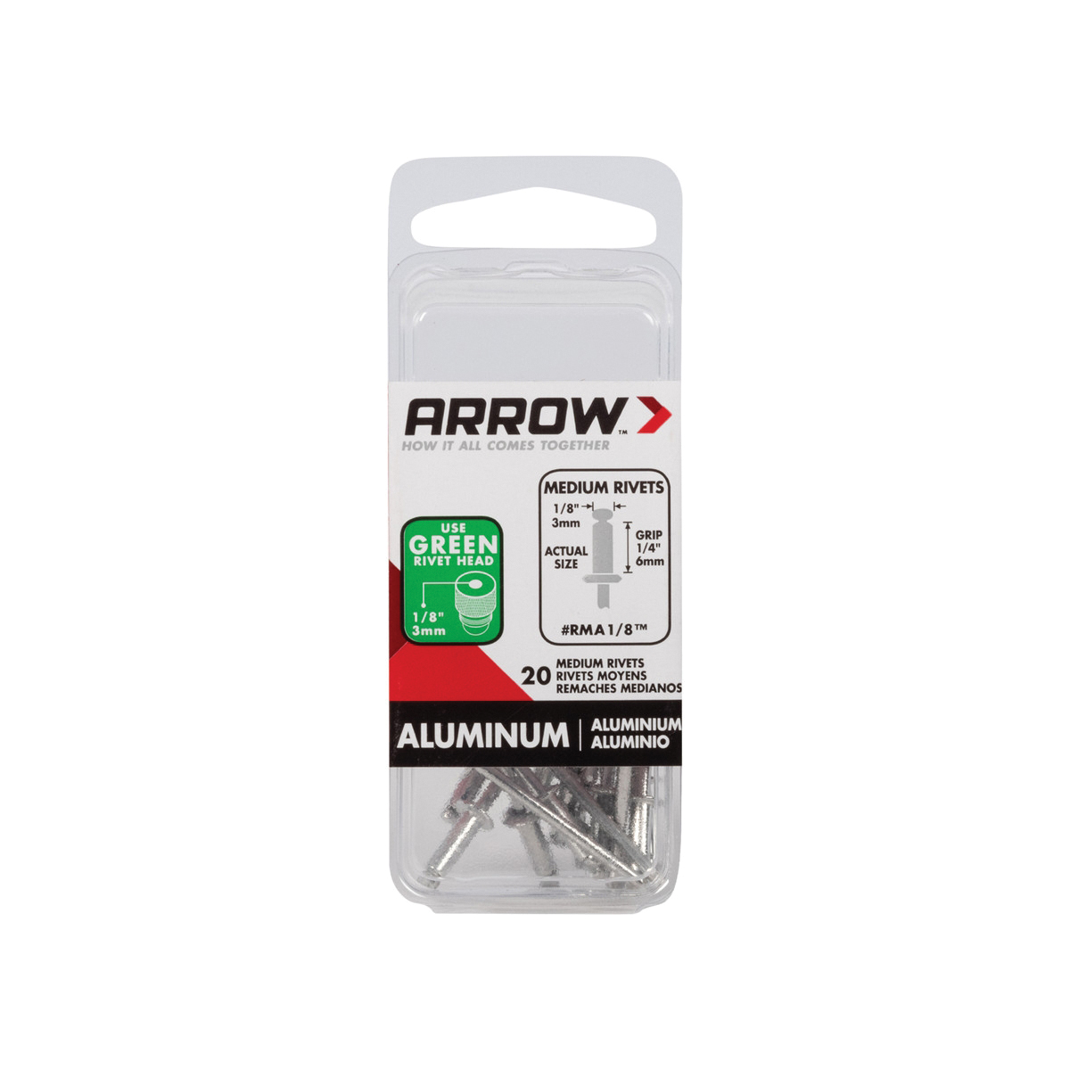 Arrow RMA1/8 Pop Rivet, Medium, 1/4 in Grip, 1/4 in L, Aluminum, Silver, 20/PK - 5