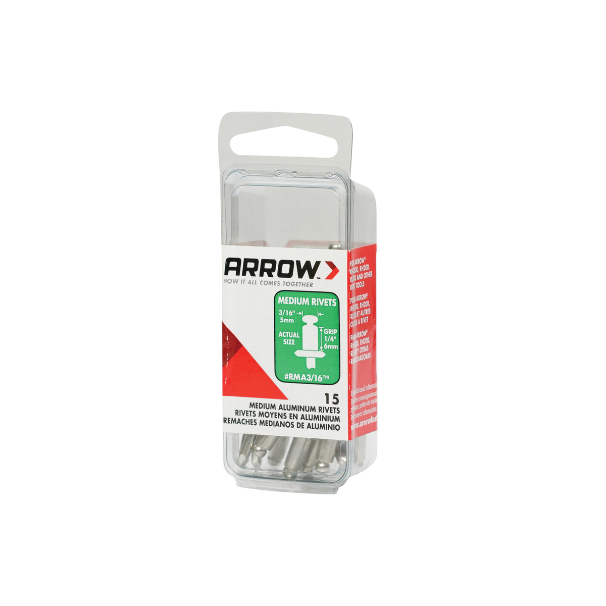 Arrow RMA3/16 Pop Rivet, Medium, 1/4 in Grip, 1/4 in L, Aluminum, 15/PK - 2