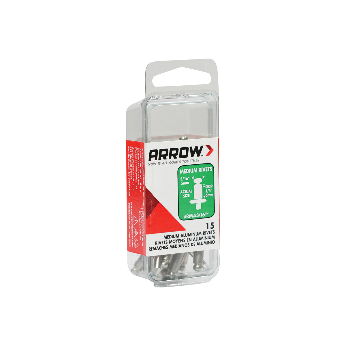 Arrow RMA3/16 Pop Rivet, Medium, 1/4 in Grip, 1/4 in L, Aluminum, 15/PK - 3
