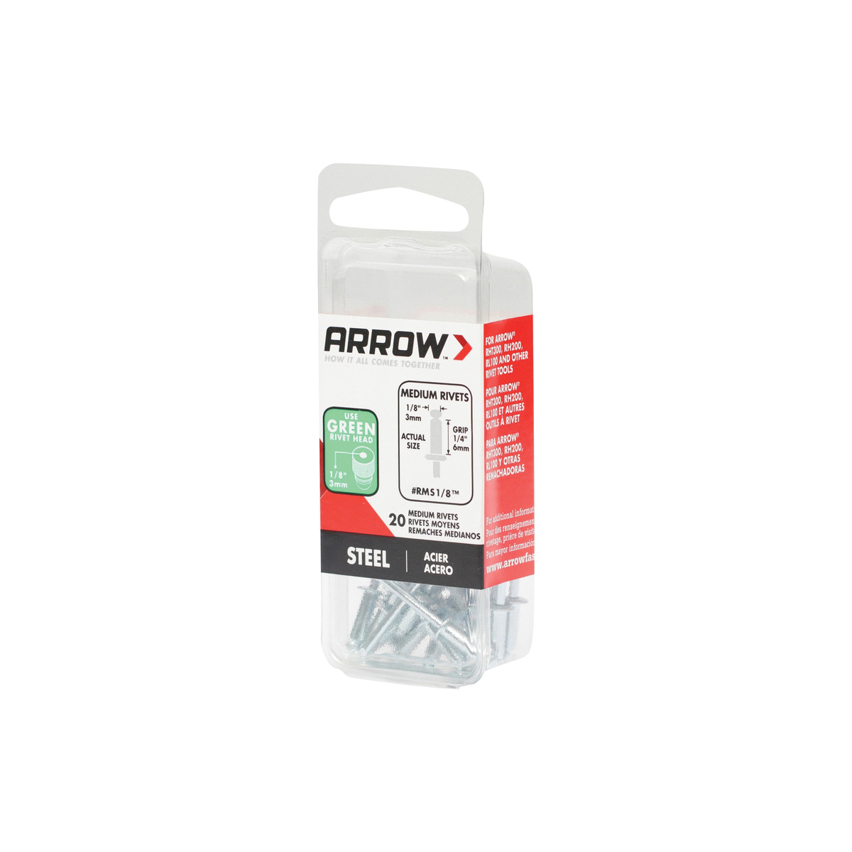 Arrow RMS1/8 Pop Rivet, Medium, 1/4 in Grip, 1/4 in L, Steel, 20/PK - 3