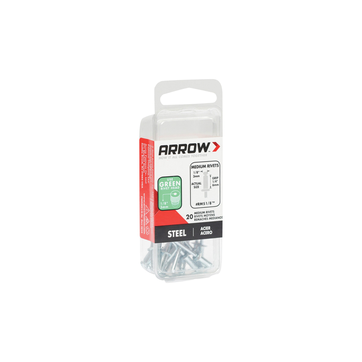 Arrow RMS1/8 Pop Rivet, Medium, 1/4 in Grip, 1/4 in L, Steel, 20/PK - 4