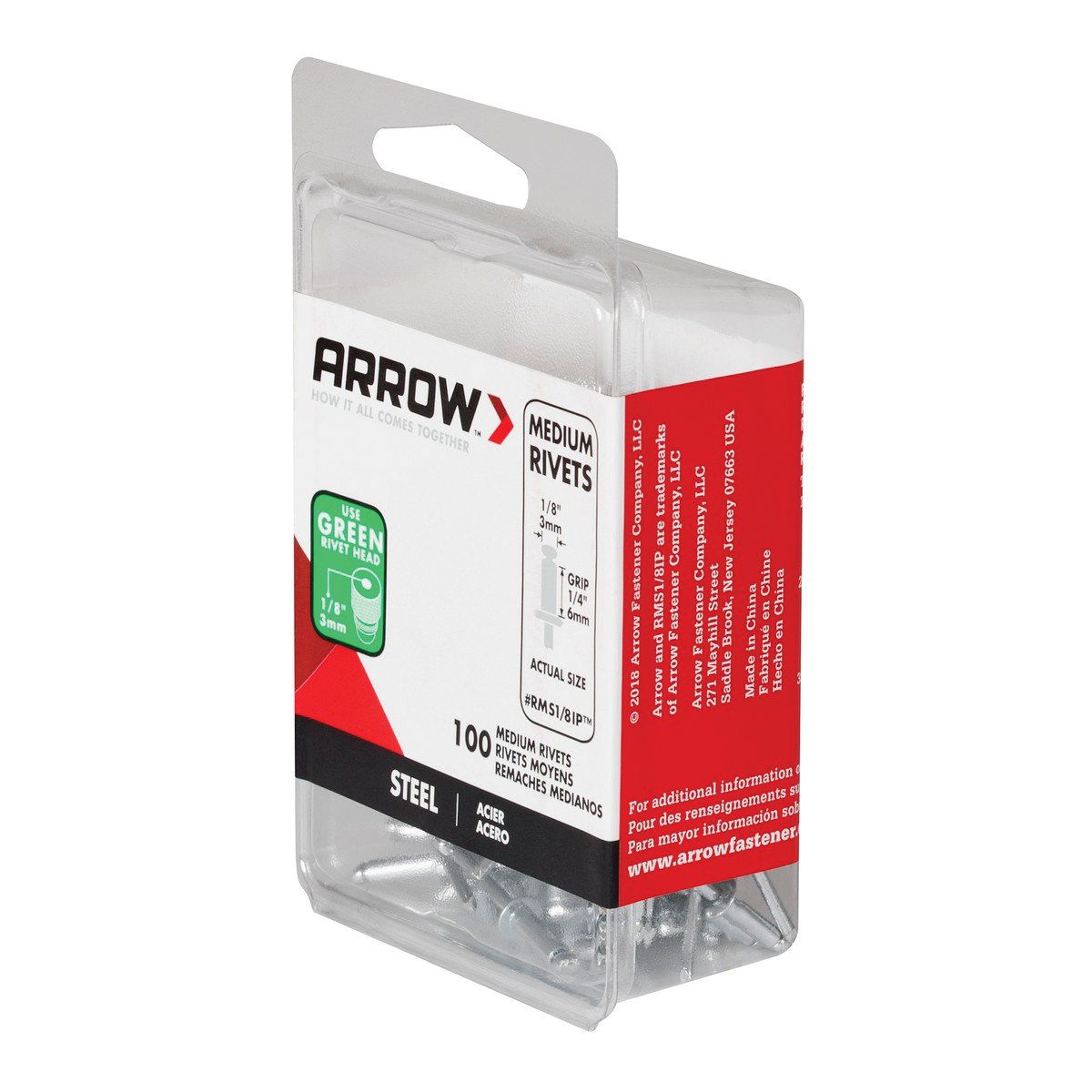 Arrow RMS1/8IP Pop Rivet, Medium, 1/4 in Grip, 1/4 in L, Steel, 100/PK - 2