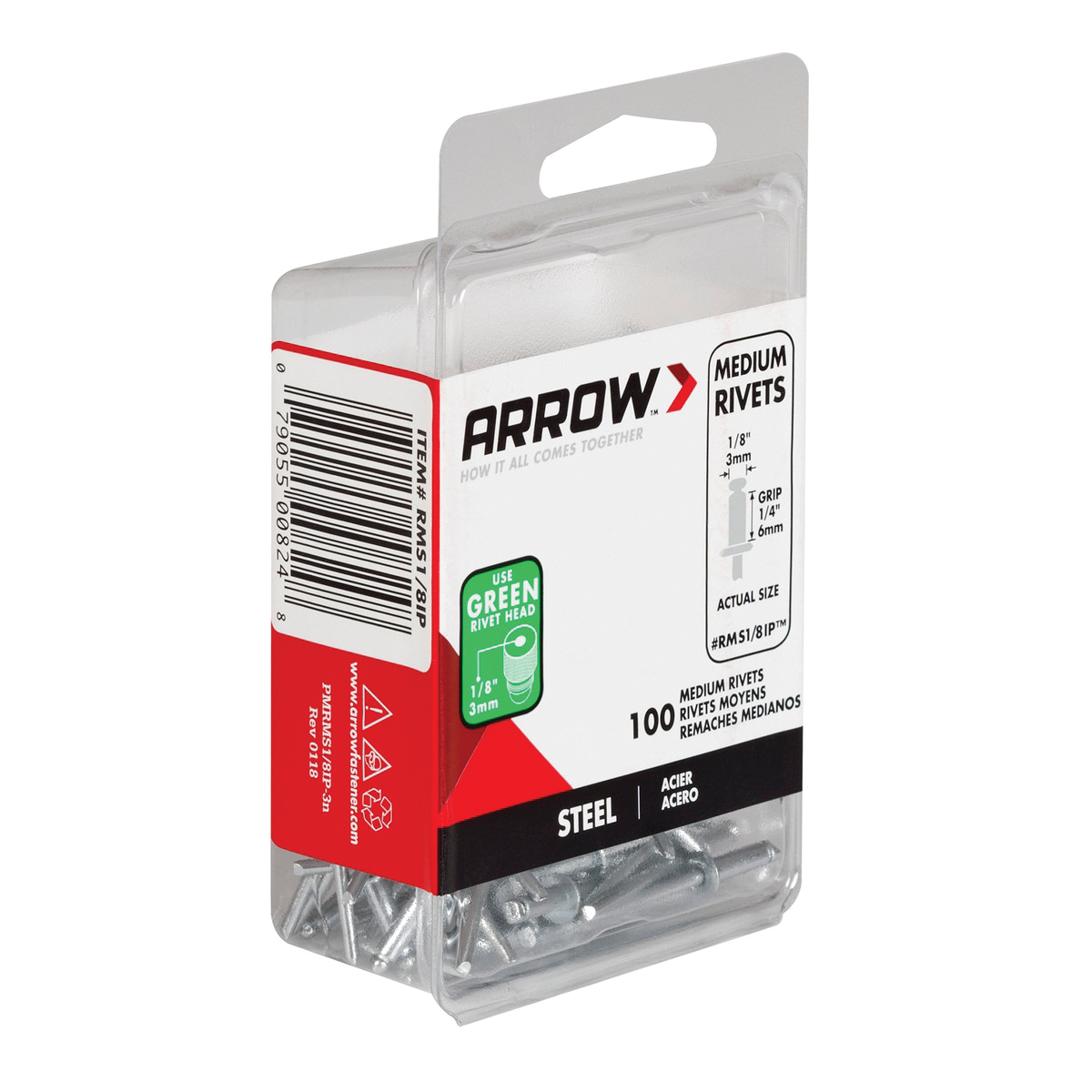 Arrow RMS1/8IP Pop Rivet, Medium, 1/4 in Grip, 1/4 in L, Steel, 100/PK - 3