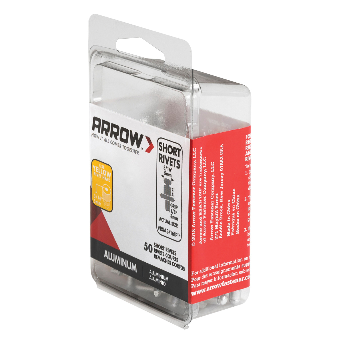 Arrow RSA3/16IP Pop Rivet, Short, 1/8 in Grip, 1/8 in L, Aluminum, Gray, 50/PK - 2