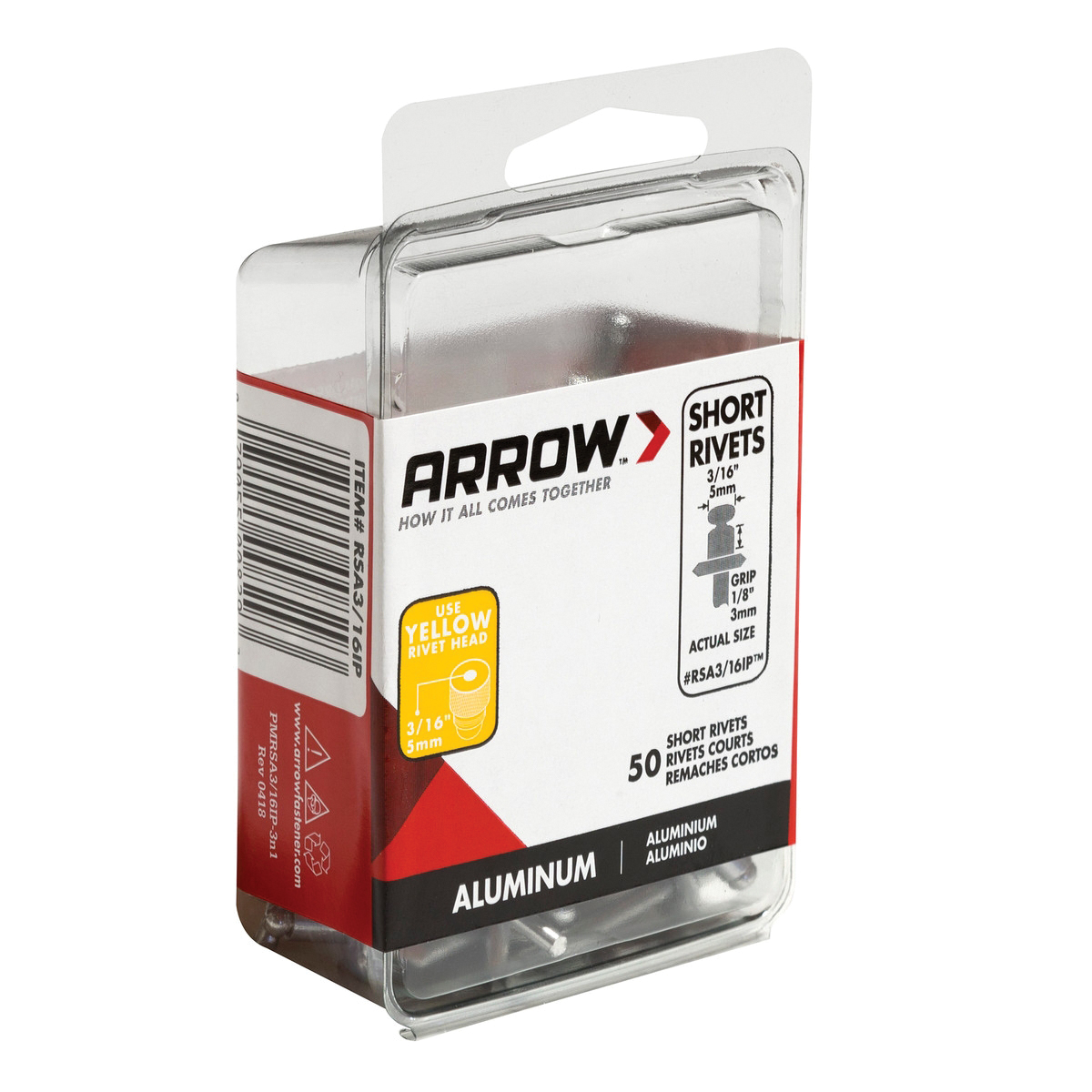 Arrow RSA3/16IP Pop Rivet, Short, 1/8 in Grip, 1/8 in L, Aluminum, Gray, 50/PK - 3