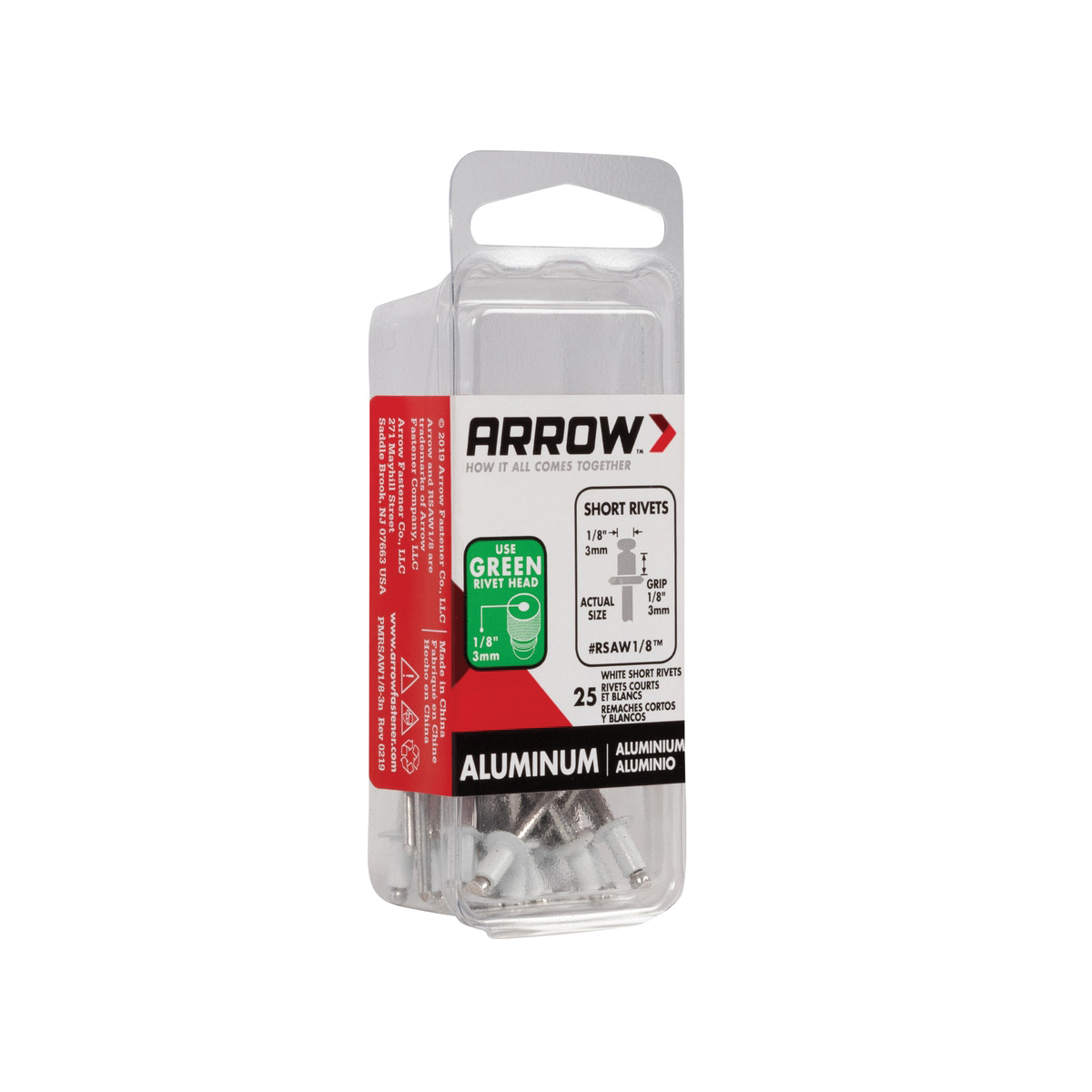 Arrow RSAW1/8 Pop Rivet, Short, 1/8 in Grip, 1/8 in L, Aluminum, White, 25/PK - 2