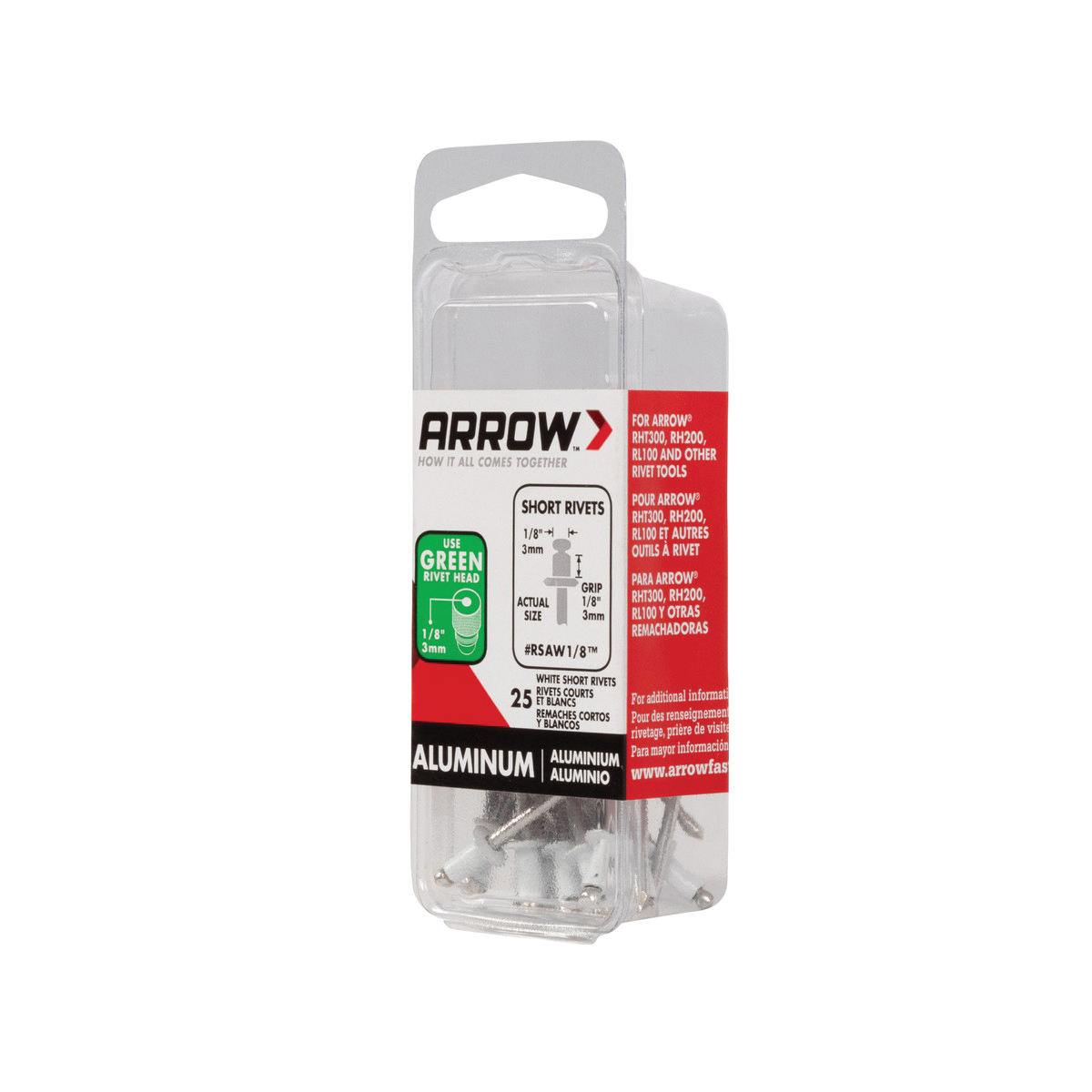 Arrow RSAW1/8 Pop Rivet, Short, 1/8 in Grip, 1/8 in L, Aluminum, White, 25/PK - 3