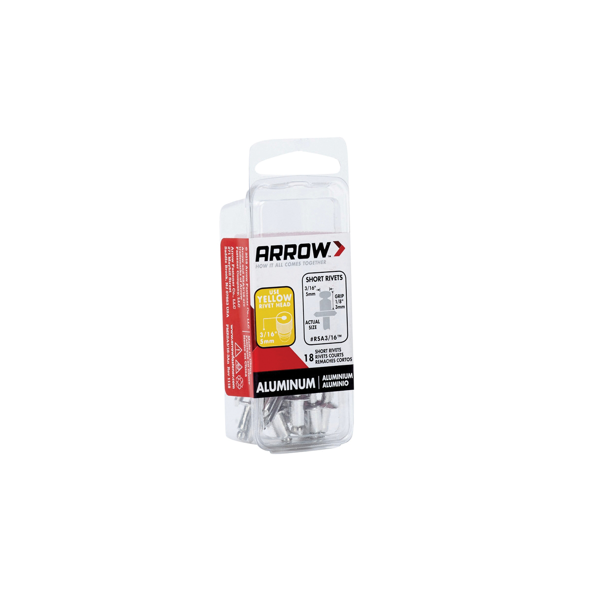 Arrow RSA3/16 Pop Rivet, Short, 1/8 in Grip, 1/8 in L, Aluminum, 18/PK - 3
