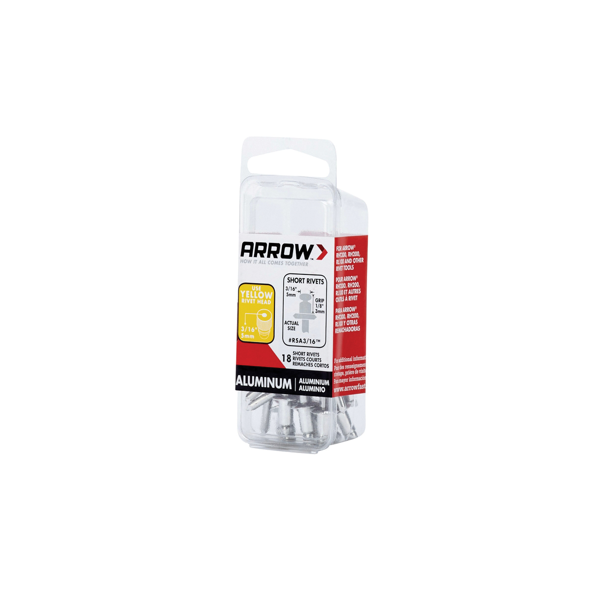 Arrow RSA3/16 Pop Rivet, Short, 1/8 in Grip, 1/8 in L, Aluminum, 18/PK - 4
