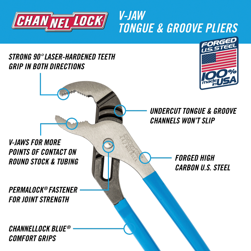 Channellock 442 Tongue and Groove Pliers, 12 in OAL, 2-1/4 in Jaw Opening, Blue Handle, Cushion Grip Handle - 2