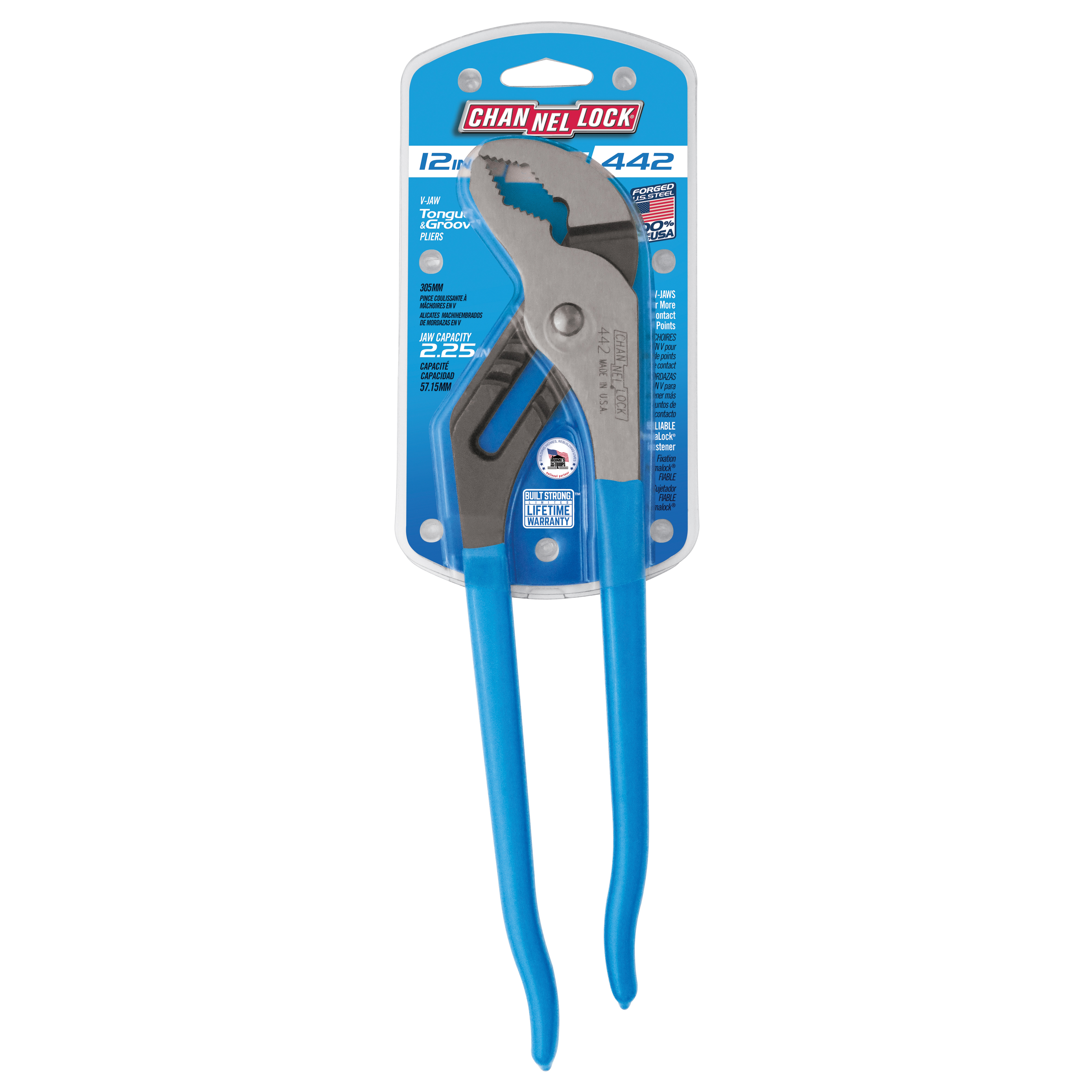 Channellock 442 Tongue and Groove Pliers, 12 in OAL, 2-1/4 in Jaw Opening, Blue Handle, Cushion Grip Handle - 4