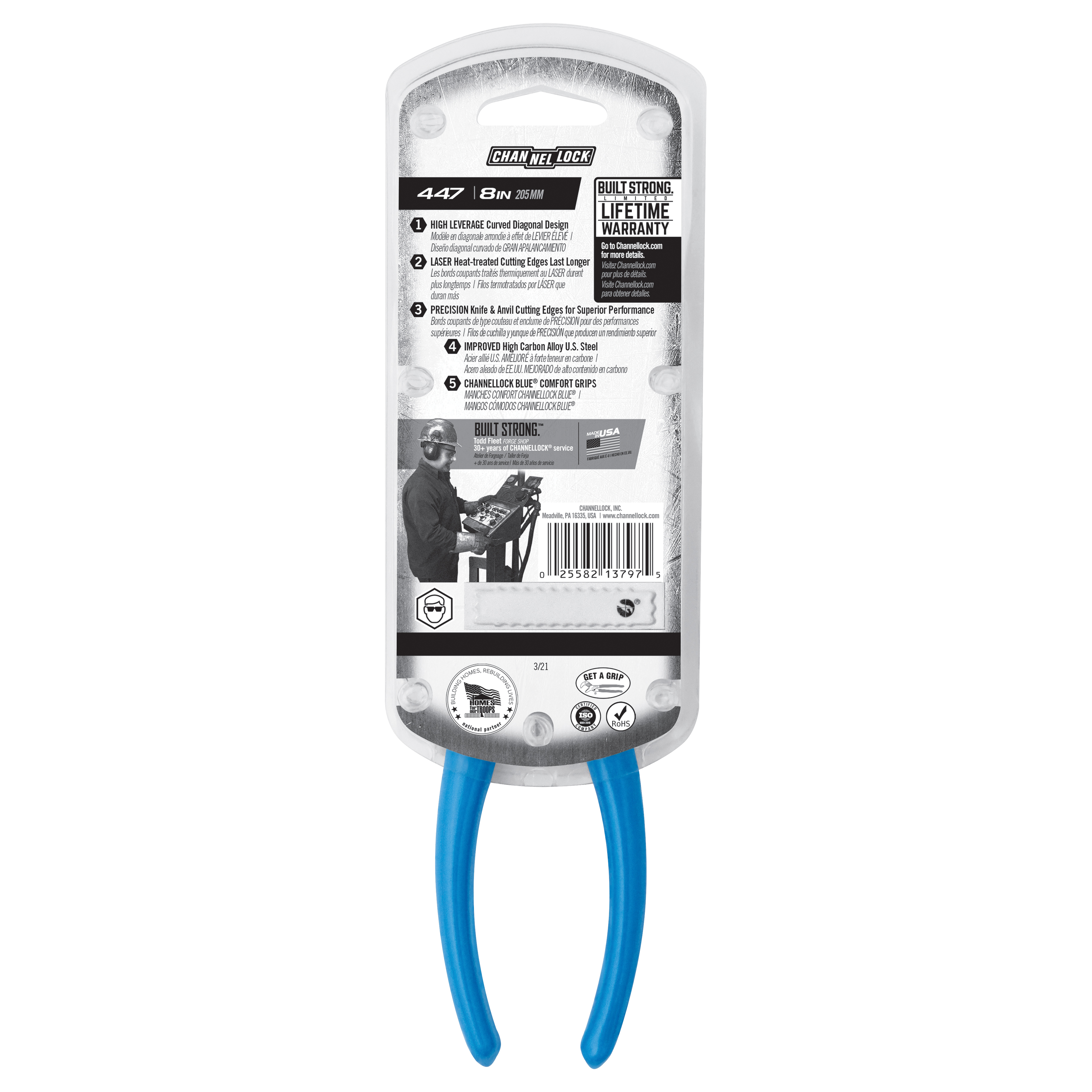 Channellock 447 Diagonal Cutting Pliers, 7-3/4 in OAL, Blue Handle, Ergonomic Handle, 1.06 in W Jaw, 1.02 in L Jaw - 4