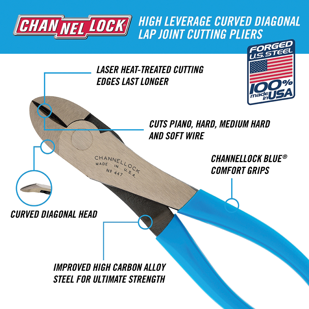 Channellock 447 Diagonal Cutting Pliers, 7-3/4 in OAL, Blue Handle, Ergonomic Handle, 1.06 in W Jaw, 1.02 in L Jaw - 5
