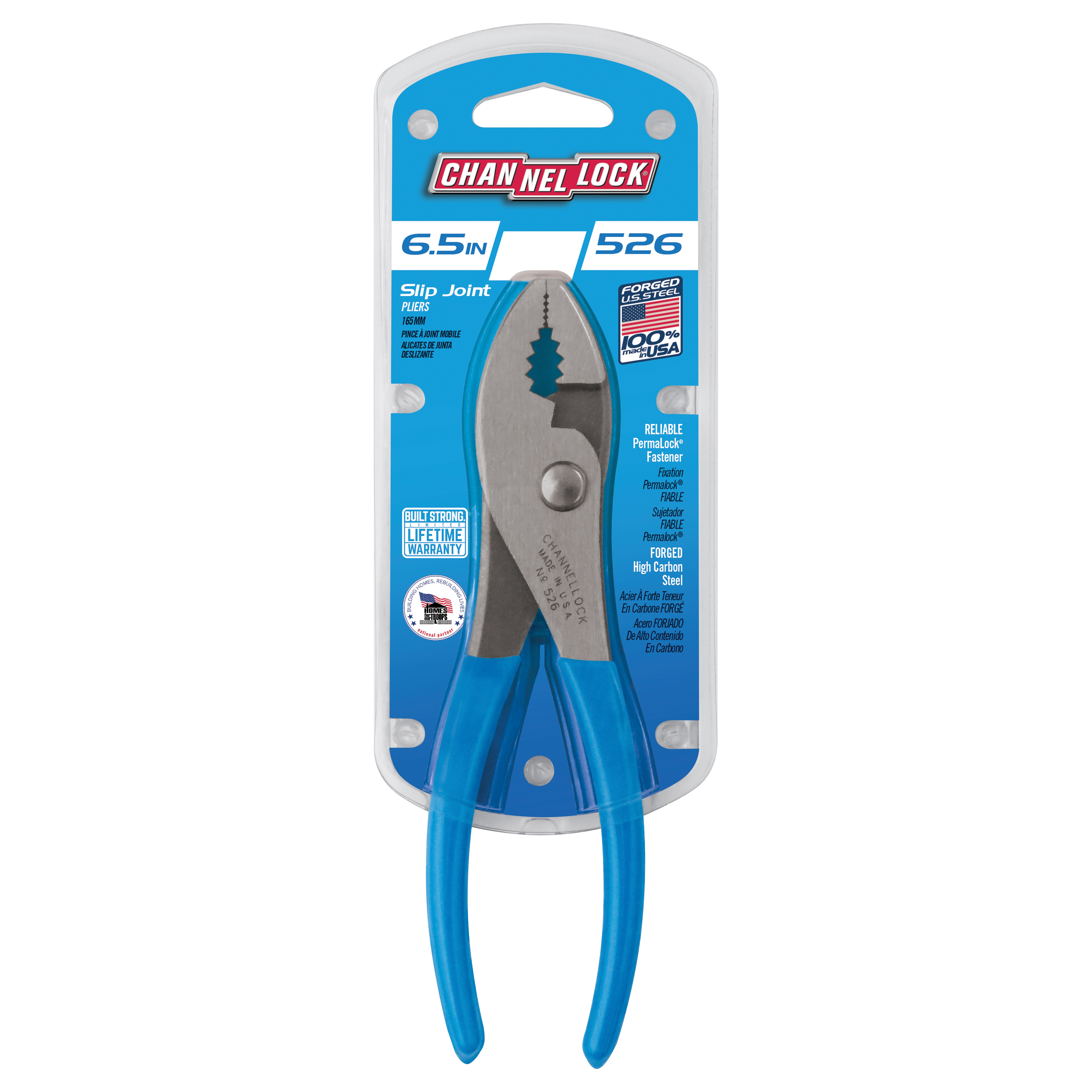 Channellock 526 Slip Joint Pliers, 6-1/2 in OAL, 3/4 in Jaw Opening, Blue Handle, Comfort Grip Handle, 1-9/32 in W Jaw - 3