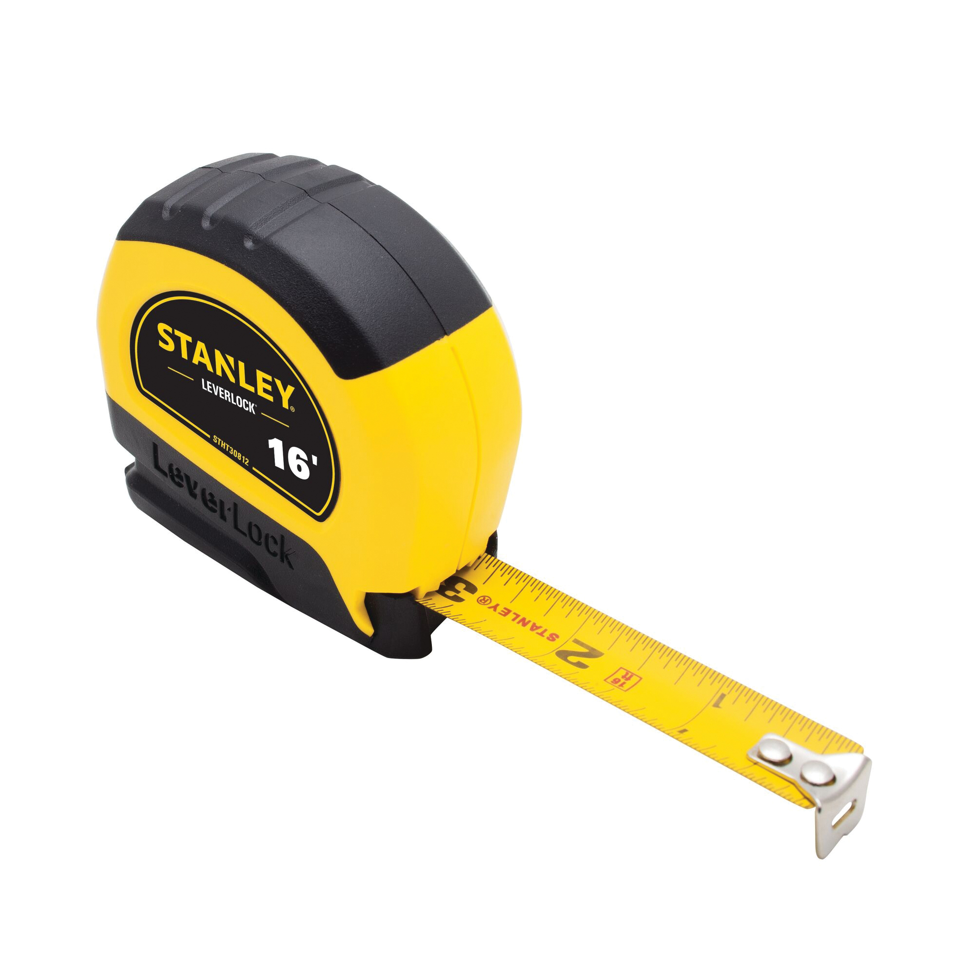 STANLEY LEVERLOCK Series STHT30812 Tape Measure, 16 ft L Blade, 3/4 in W Blade, Steel Blade, ABS Case, Black/Yellow Case - 3