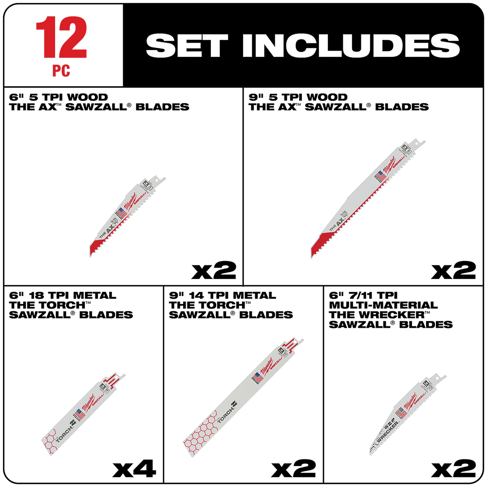 Milwaukee 49-22-1129 Reciprocating Saw Blade Set, 12-Piece, Bi-Metal, White, Bright - 2