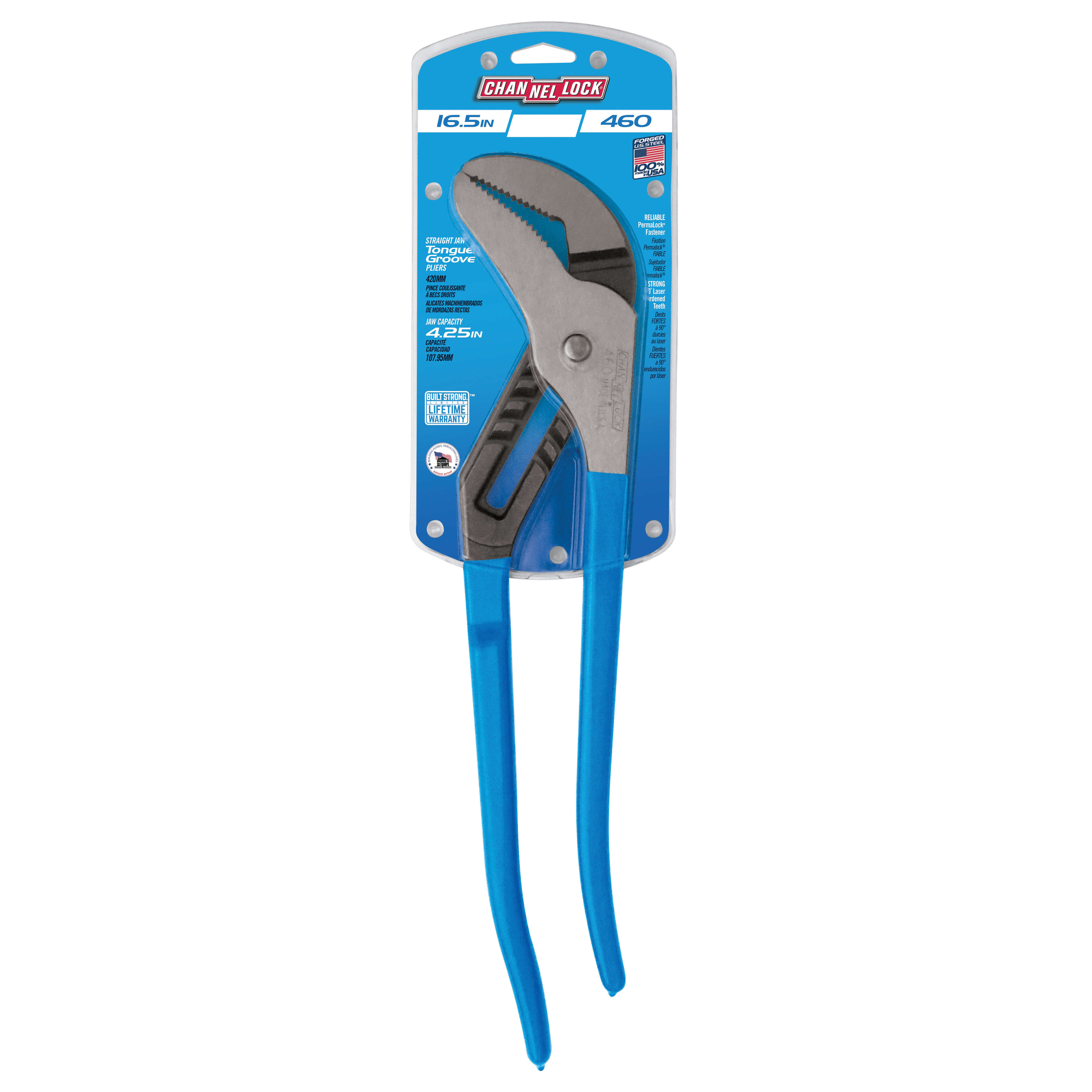 Channellock 460 Tongue and Groove Pliers, 16-1/2 in OAL, 3-3/4 in Jaw Opening, Blue Handle, Cushion Grip Handle - 3