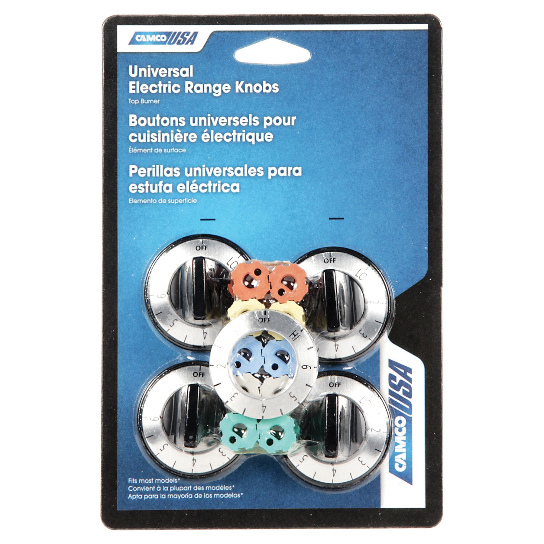 Camco USA 00883 Burner Knob Kit, Includes: Adapter, Dials, Inserts and (4) Chrome Knobs, Black - 2