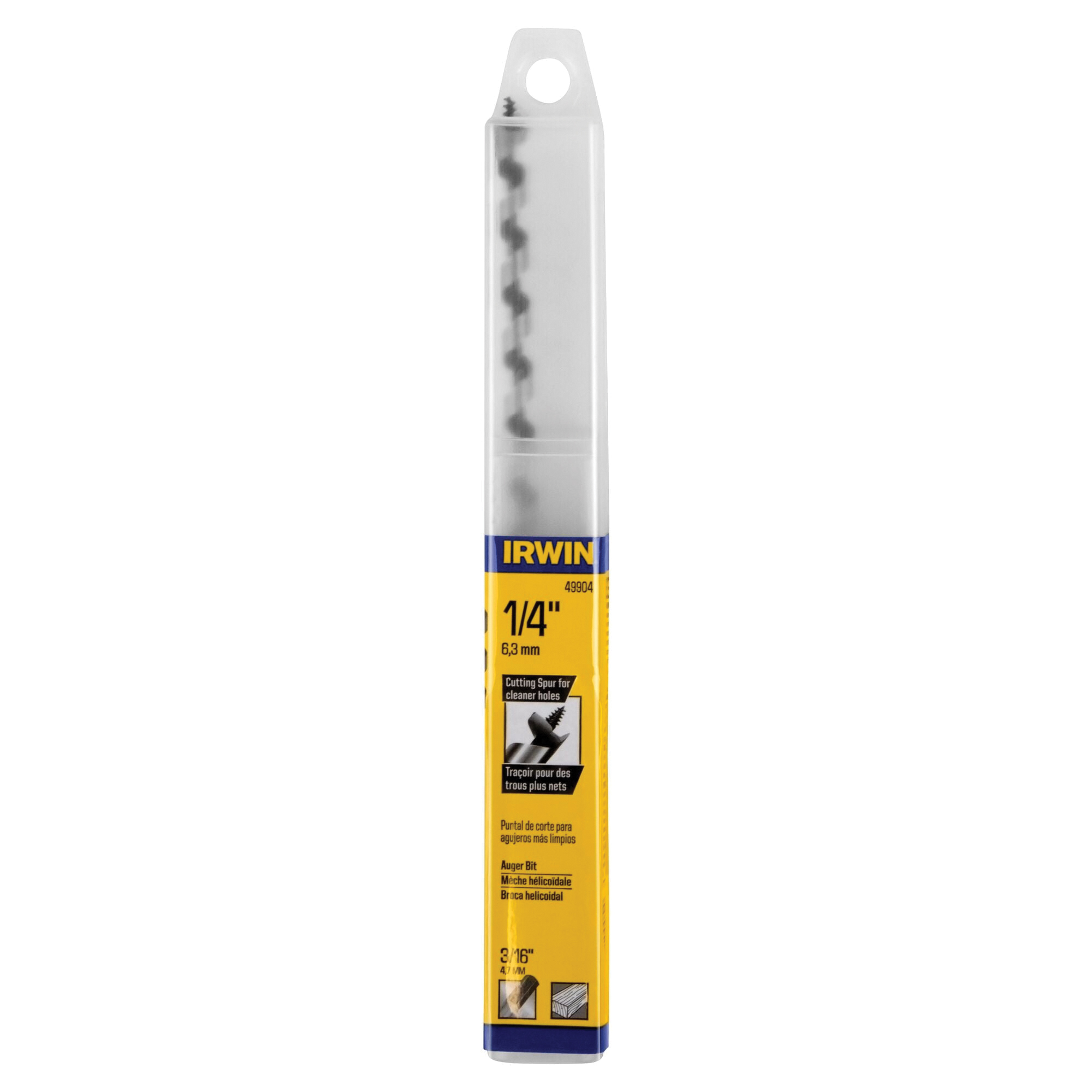 Irwin I-100 Series 49904 Power Drill Auger Bit, 1/4 in Dia, 7-1/2 in OAL, Solid Center Flute, 1-Flute, Hex Shank - 4