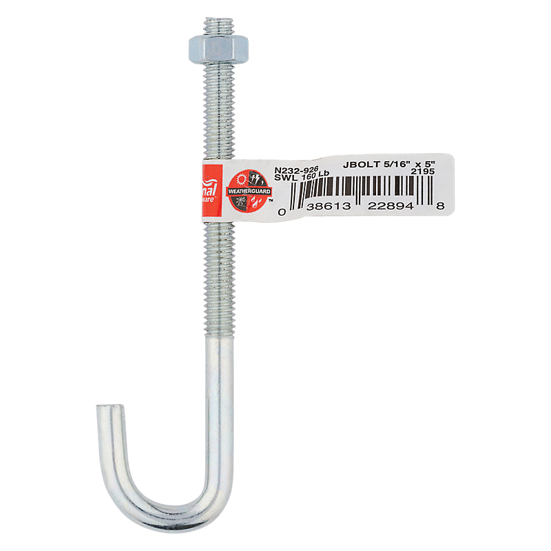 National Hardware 2195BC Series N232-926 J-Bolt, 5/16 in Thread, 3 in L Thread, 5 in L, 160 lb Working Load, Steel, Zinc - 2