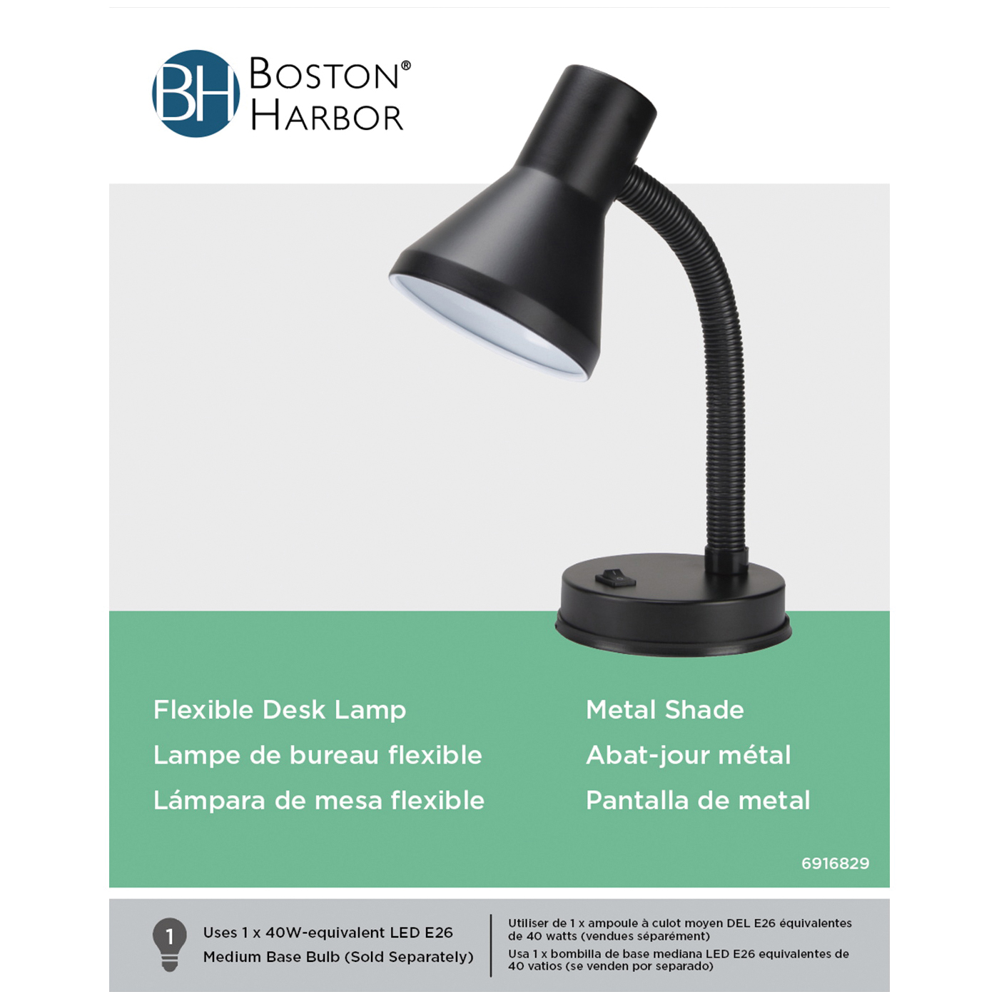 Boston Harbor TL-TB-134-BK-3L Flexible Desk Lamp, 120 V, 60 W, 1-Lamp, CFL Lamp, Black Fixture, Black - 2