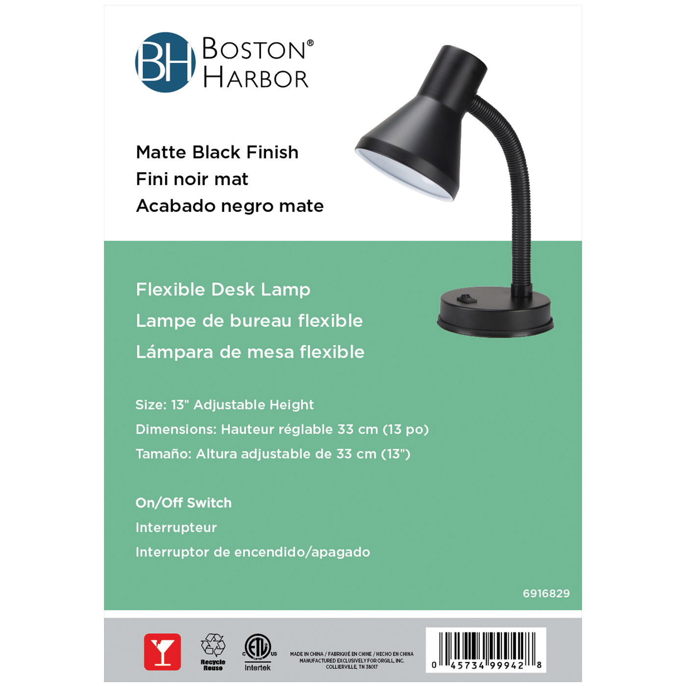 Boston Harbor TL-TB-134-BK-3L Flexible Desk Lamp, 120 V, 60 W, 1-Lamp, CFL Lamp, Black Fixture, Black - 3
