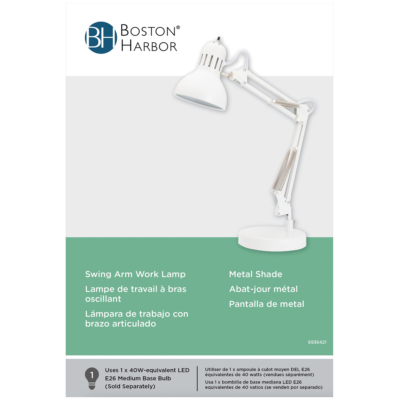 Boston Harbor TL-WK-134E-WH-3L Swing Arm Work Lamp, 120 V, 60 W, 1-Lamp, CFL Lamp, White - 2