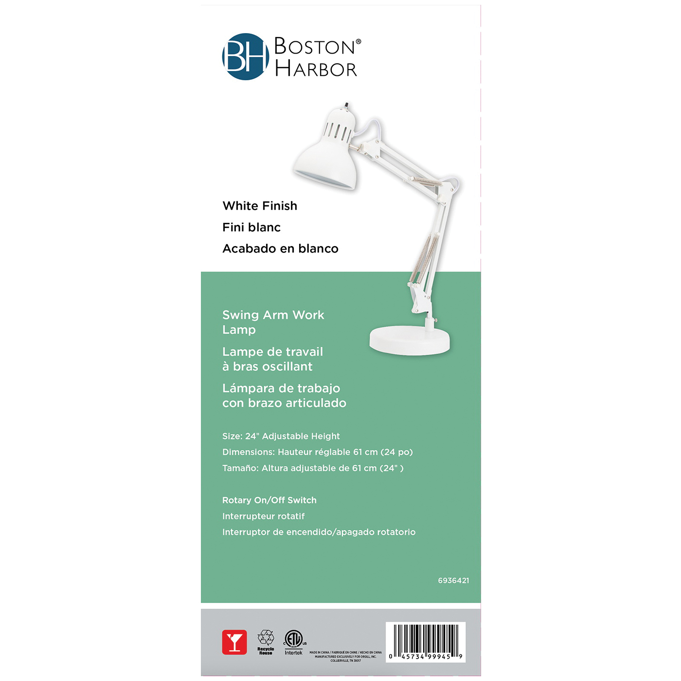 Boston Harbor TL-WK-134E-WH-3L Swing Arm Work Lamp, 120 V, 60 W, 1-Lamp, CFL Lamp, White - 3